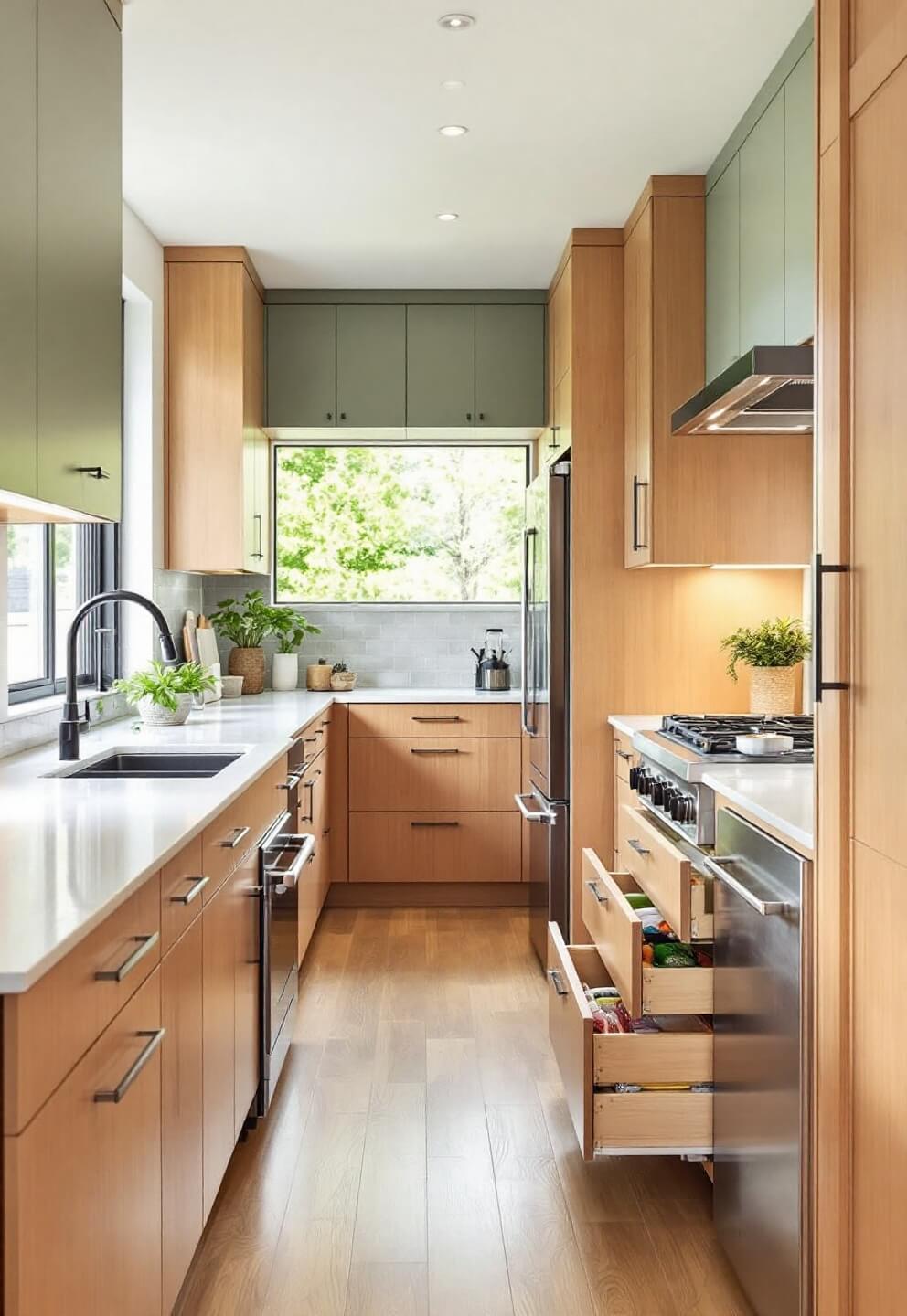 Contemporary galley kitchen with honey toned bamboo cabinets, matte sage green uppers, and quartz countertops illuminated by under-cabinet LED and natural diffused light, shot from a low angle