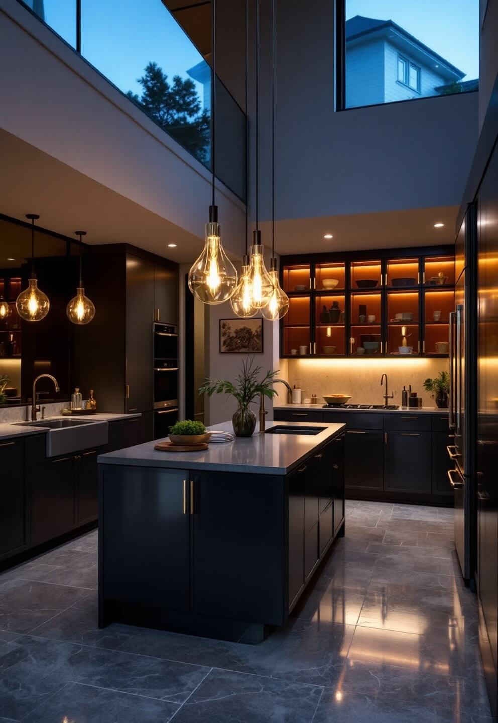 Bird's eye view of a luxurious open-concept kitchen with glossy charcoal grey cabinets, metallic hardware, corner carousel unit behind glass door, dramatic pendant lights, and ambient lighting, photographed at dusk from mezzanine level at f/4.