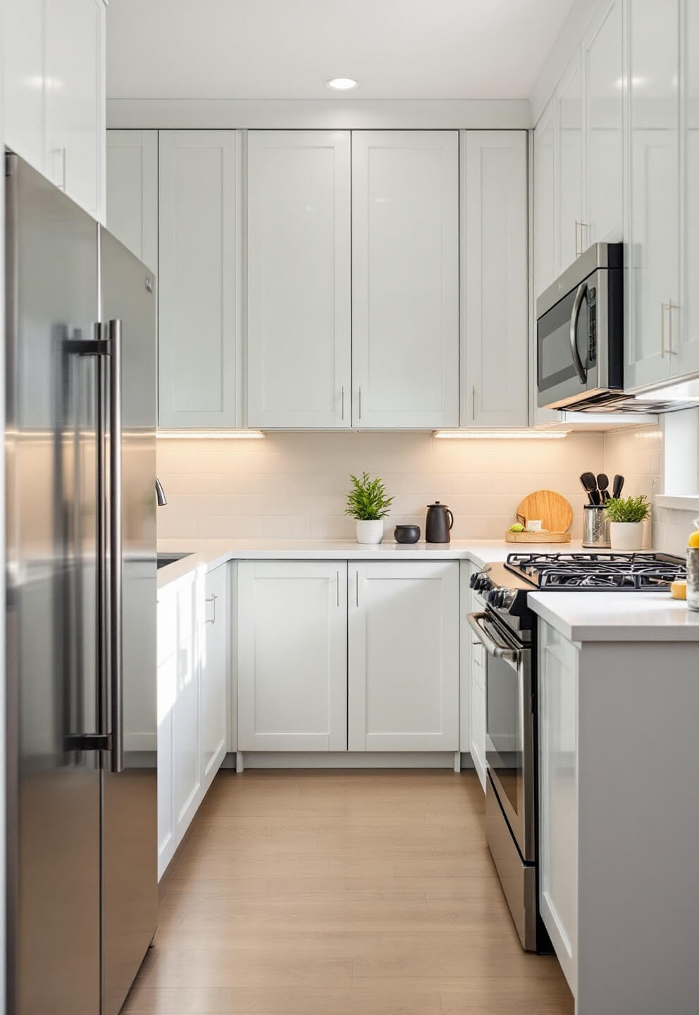 Small white urban kitchen bathed in morning light showcasing floor-to-ceiling mirrored cabinets and integrated appliances for space maximization.