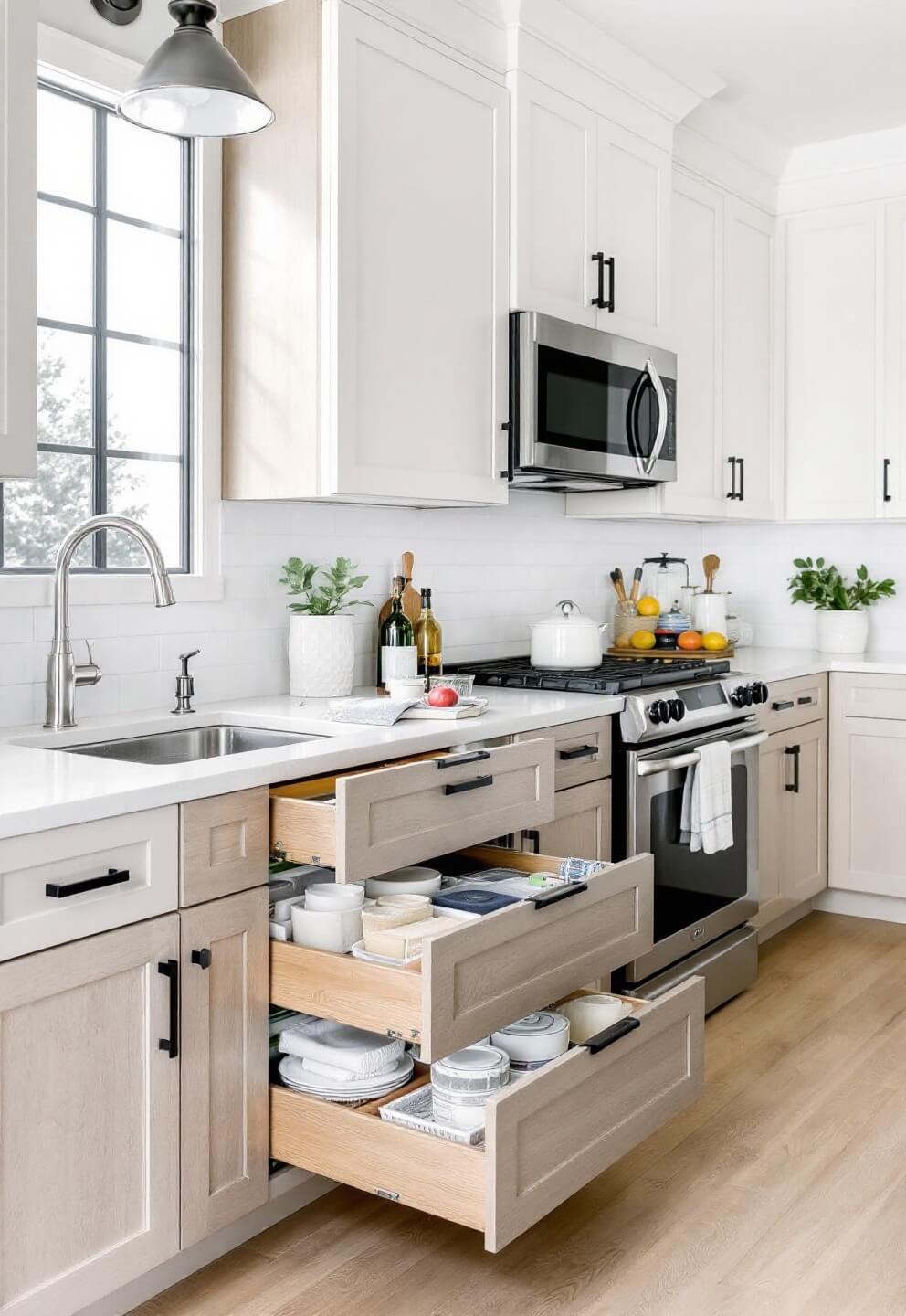 Modern farmhouse kitchen with cream and oak two-tone cabinets, deep drawer organizers in partially extended positions, and soft-close mechanisms in action, shot at midday with bright, even lighting at f/6.3