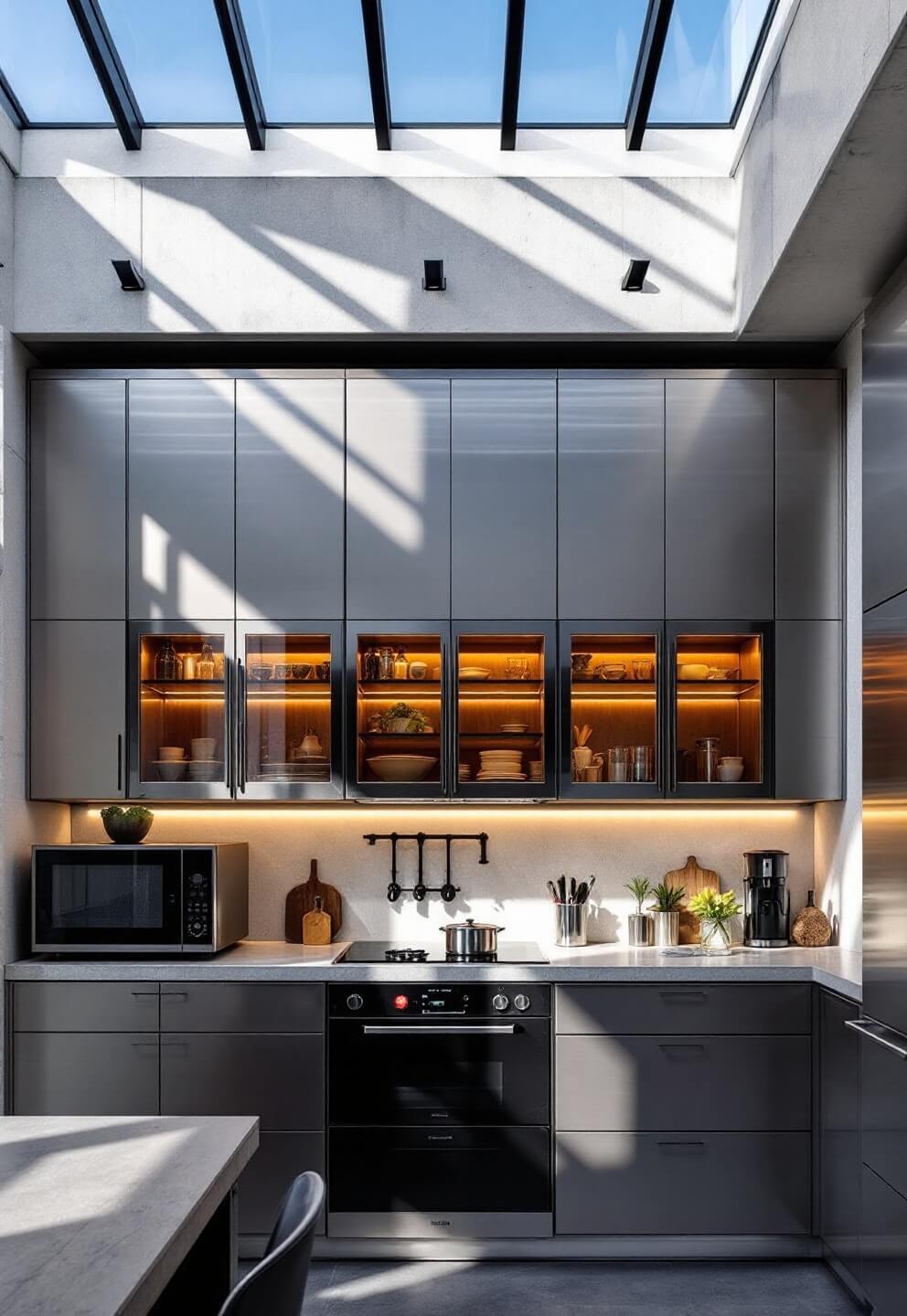 Industrial-modern kitchen with stainless steel and concrete-finish cabinets, lit by an afternoon skylight and LED cabinet lighting