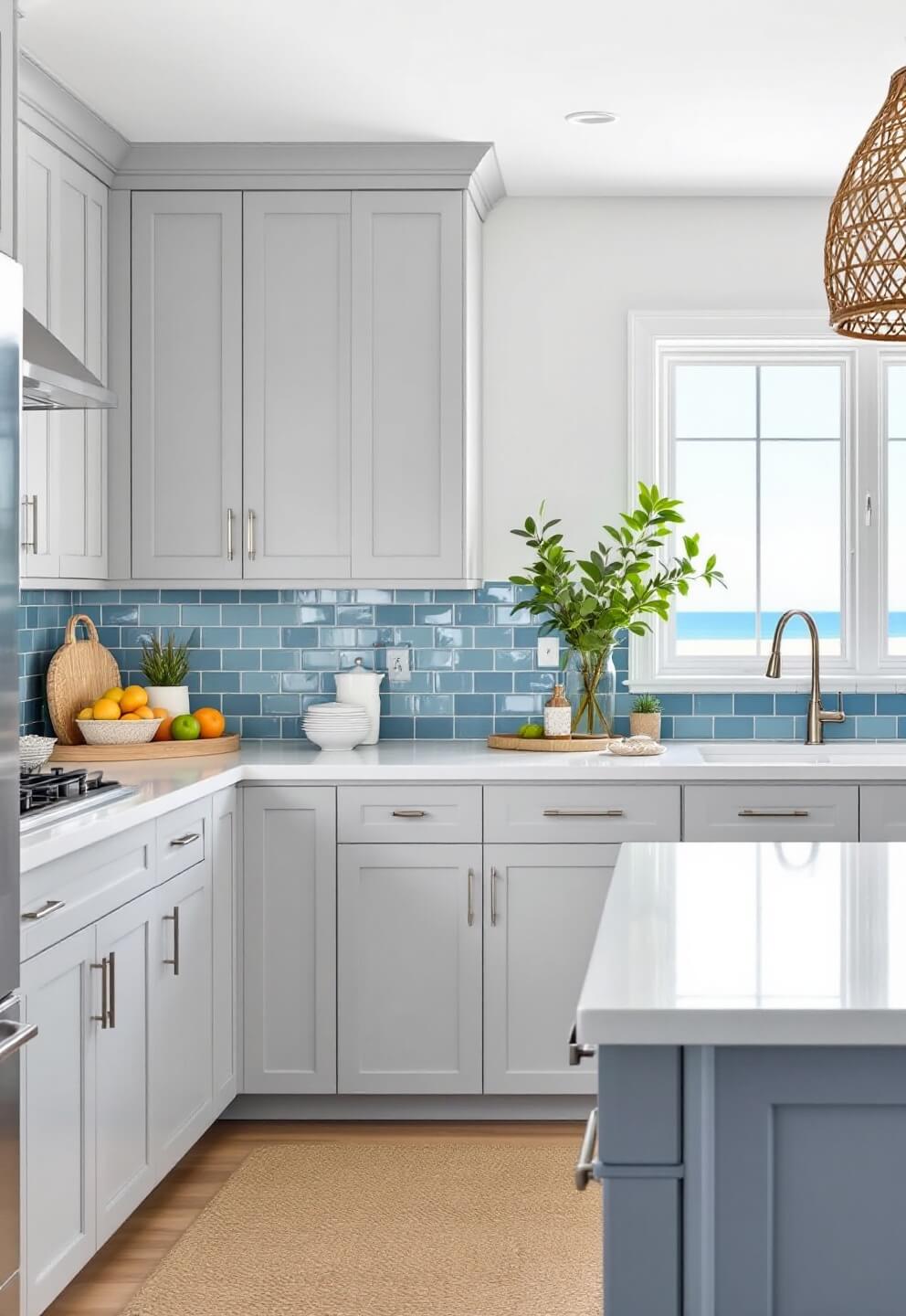 Coastal kitchen with gray cabinets, white quartz counters, sea blue tile backsplash, rattan pendants, natural fiber rug, and beach view in morning light.