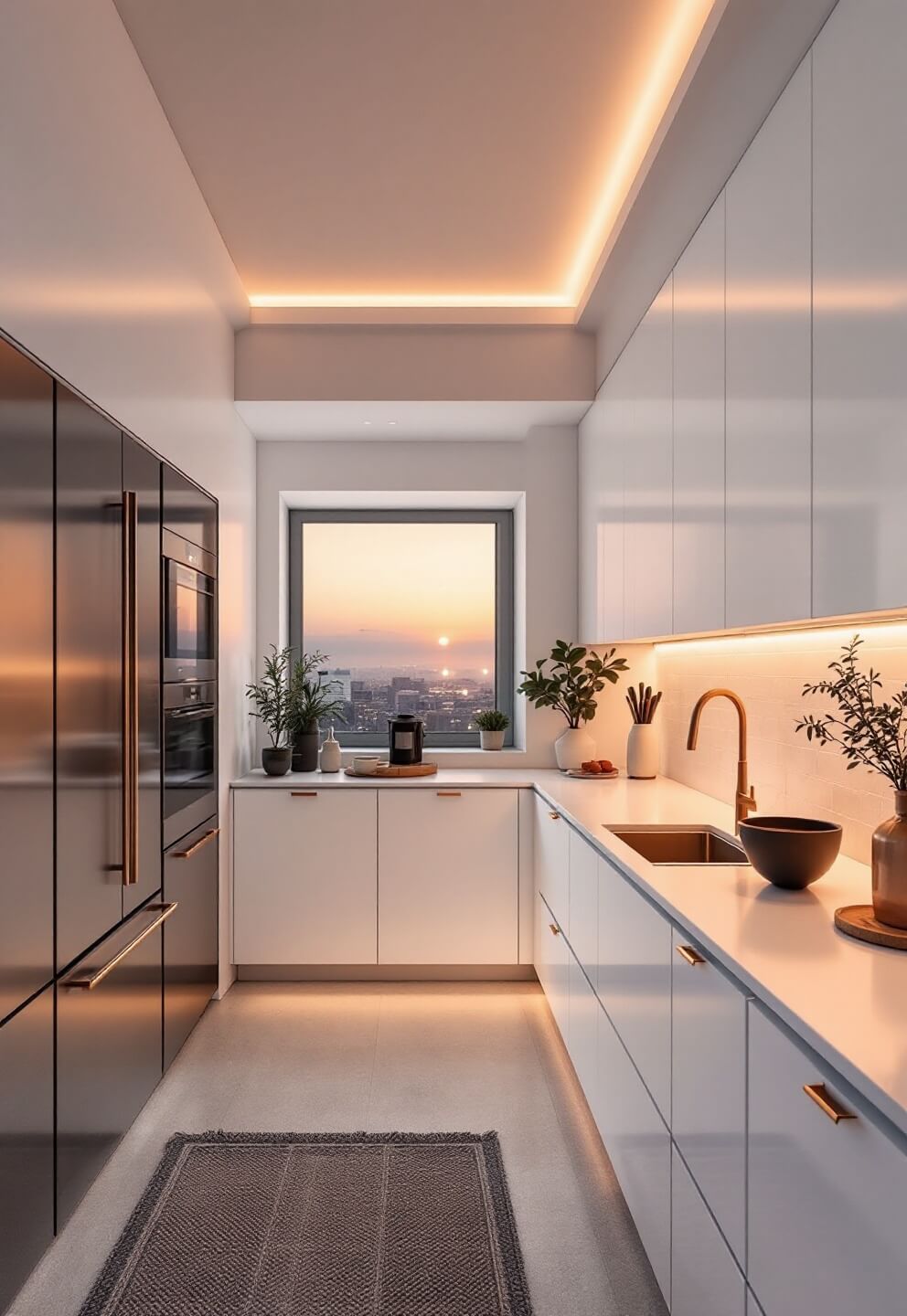 Minimalist penthouse kitchen bathed in golden hour light, showcasing white flat-panel cabinets with invisible hardware, strategic cabinet positioning for organization, and rose gold accents