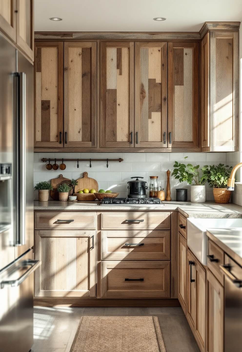 Eco-friendly kitchen design with reclaimed wood cabinets, modern hardware, and strategic use of mixed materials in natural daylight, showcasing sustainable features.