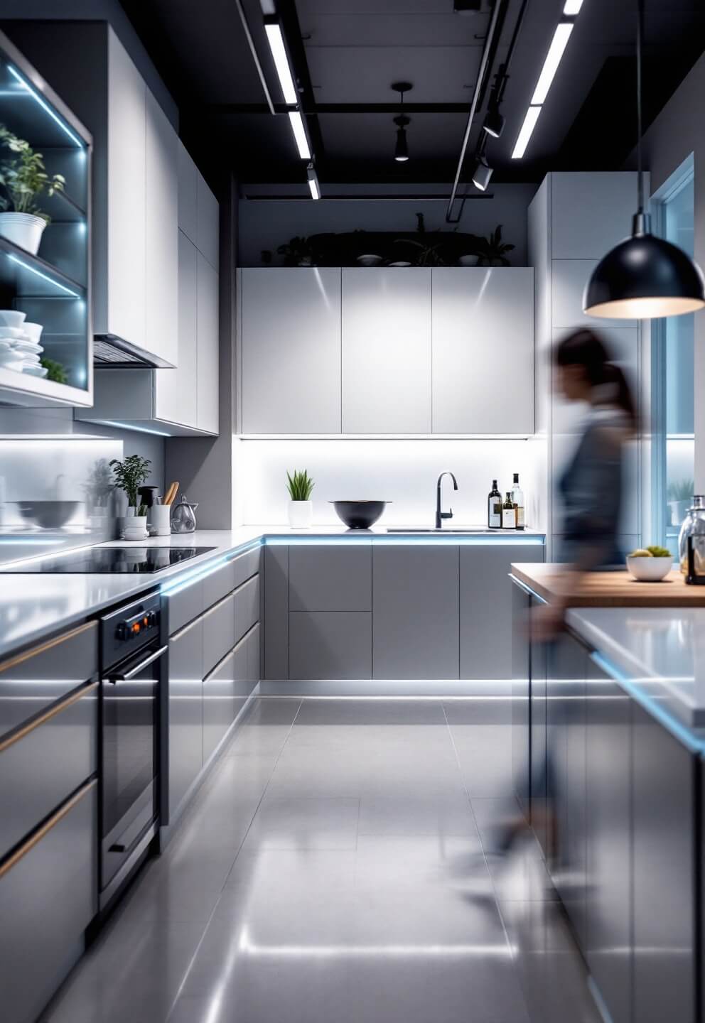 Advanced kitchen showcasing high-tech cabinets with LED integration, shot from various angles under professional studio lighting for aesthetic and functional display.