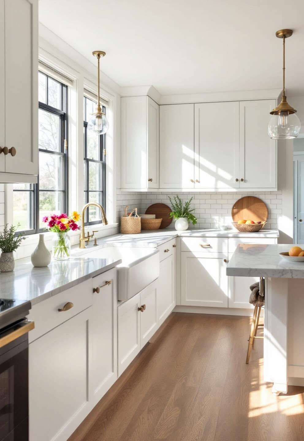 Spacious modern farmhouse kitchen with morning sunlight streaming through large windows, highlighting the matte white shaker cabinets, marble countertops, and brass hardware; featuring a center island under vintage pendant lights and decor of ceramic vases with fresh herbs, woven baskets, and a fruit bowl.