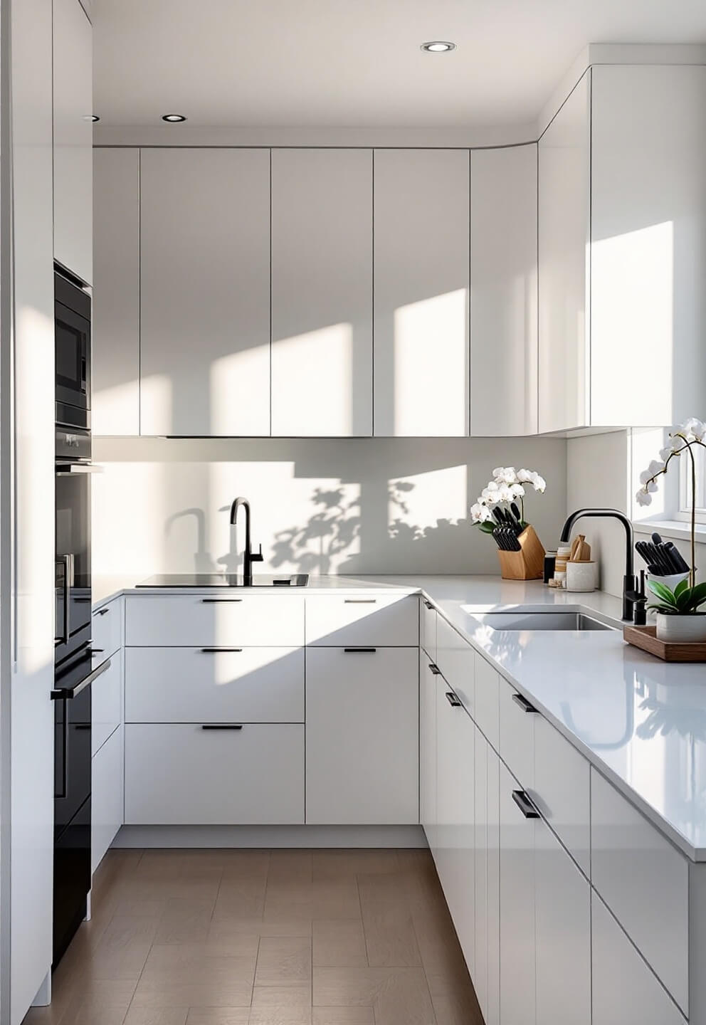 Modern minimalist kitchen with high-gloss white cabinets and pure white quartz island, accented by matte black hardware and illuminating in late afternoon light, revealing its symmetry and simplicity.