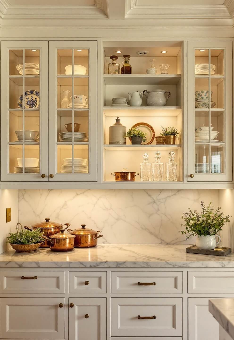 Traditional white kitchen with coffered ceiling, glass-front cabinets, Carrara marble backsplash, and open shelves with copper cookware and crystal decanters, bathed in golden hour light.