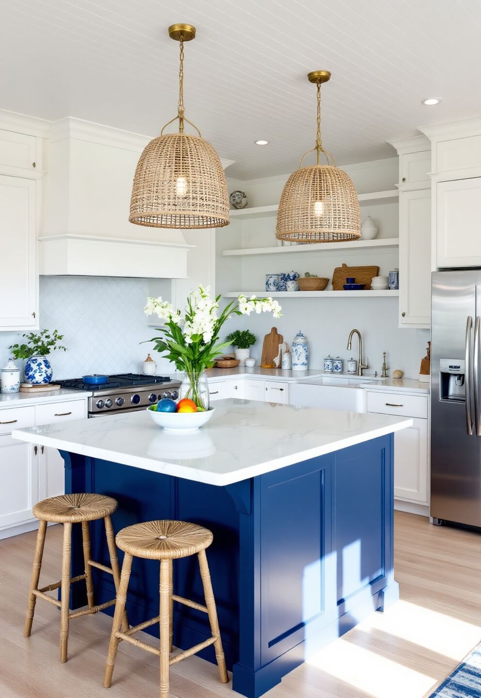 Bright, coastal-inspired kitchen with beadboard ceiling, pearl-white cabinets, navy blue island with white quartz top, rattan pendant lights, and seagrass barstools in a symmetrical design, featuring blue-and-white pottery, glass canisters, and driftwood accents.