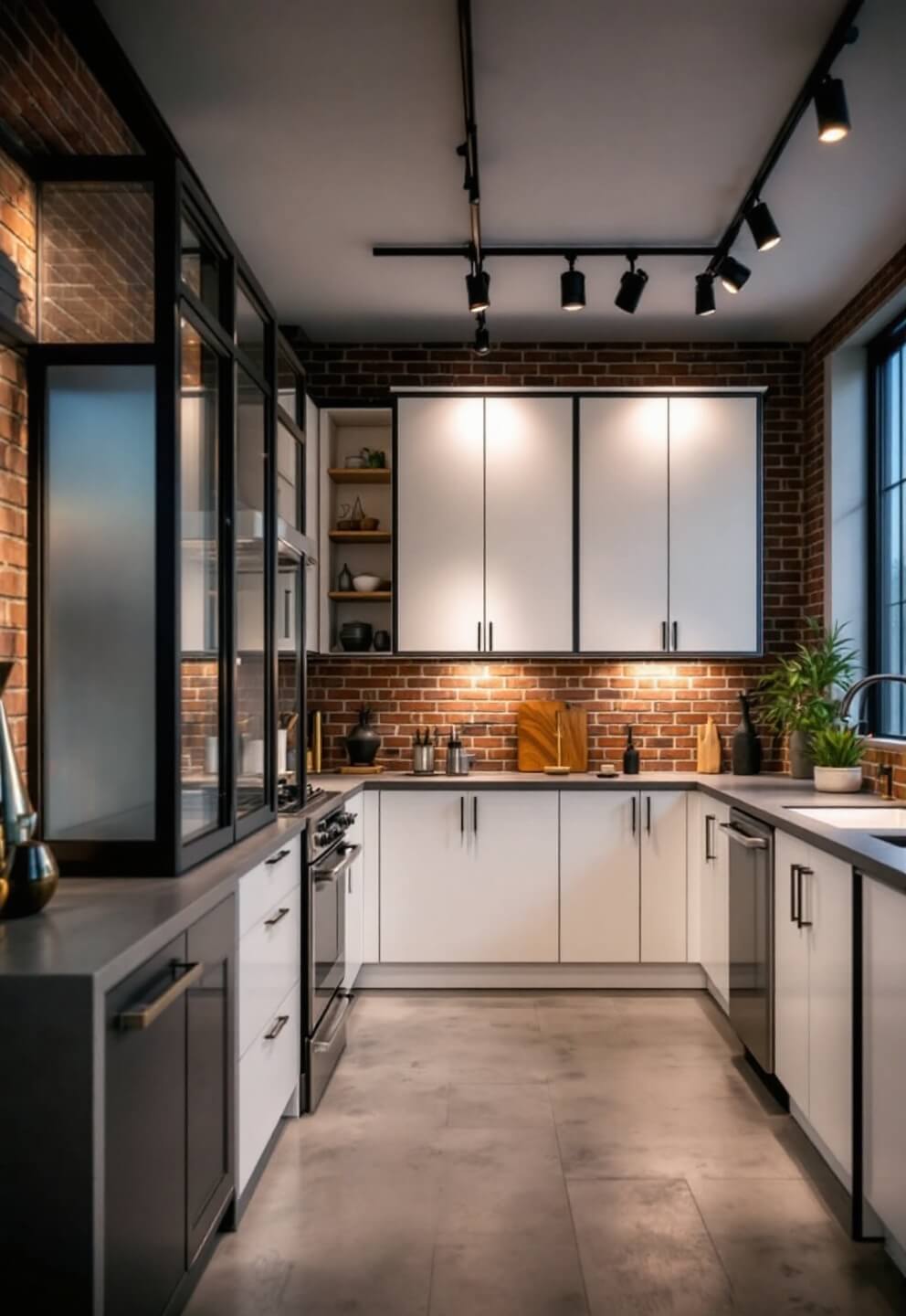 Low-angle shot of a 22x18ft industrial-modern kitchen featuring exposed brick wall, crisp white cabinets with steel frame details, concrete countertops, stainless steel appliances, metallic accents, geometric sculptures, and minimalist black ceramics under dramatic evening track lighting.