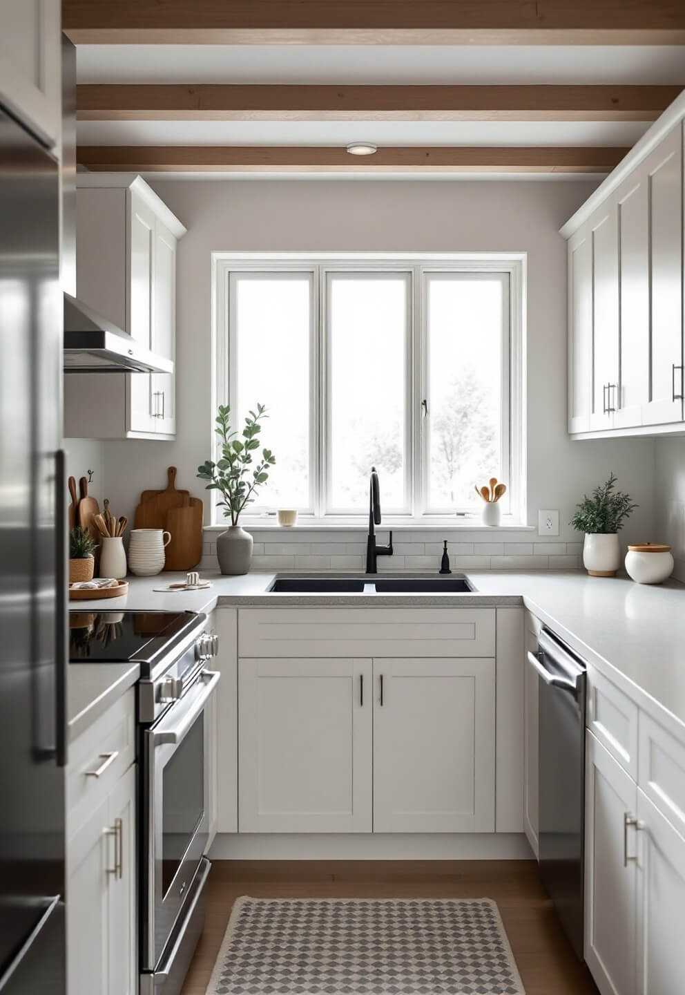 Bird's eye view of a 14x16ft Scandinavian-style kitchen with white oak ceiling beams, white flat-panel cabinets, pale grey terrazzo countertops, wooden cutting boards, white ceramics, minimalist greenery, and soft morning light filtering through frosted windows.