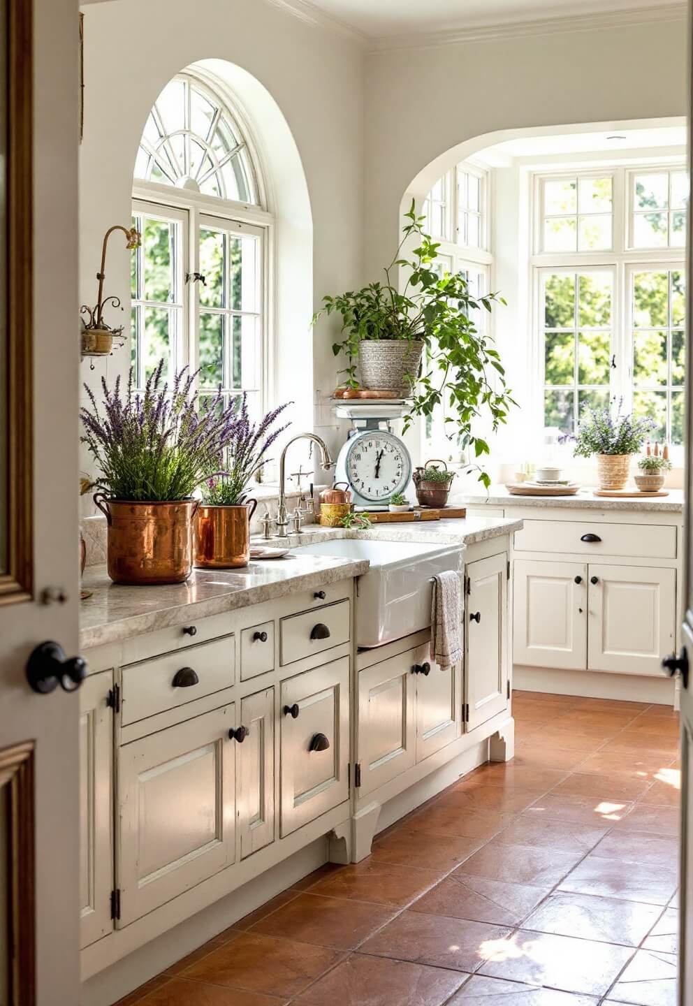 French country kitchen with antique white cabinets, limestone counters, terracotta floor tiles, copper pots and fresh lavender, lit by late morning light through garden windows.