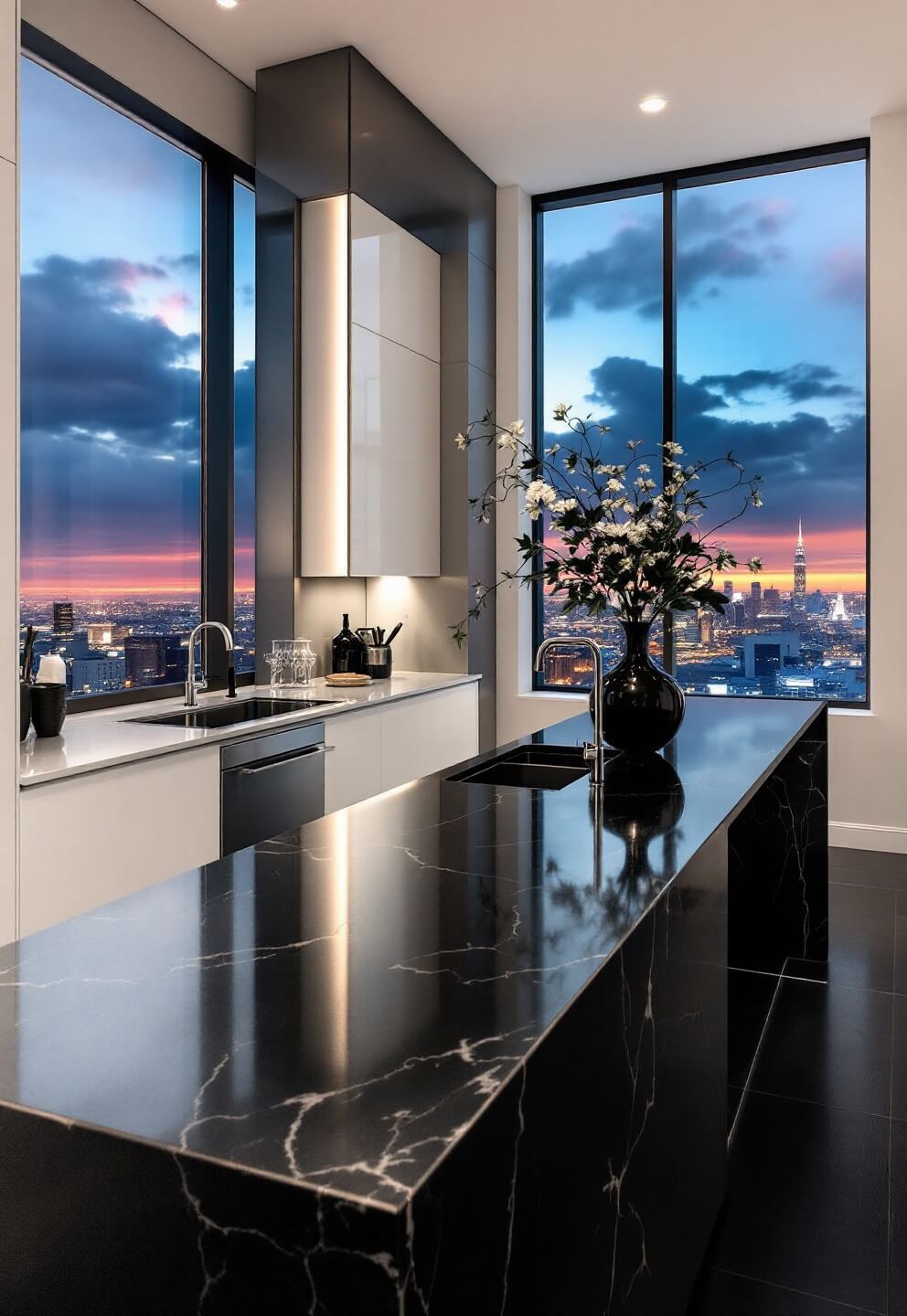 Contemporary penthouse kitchen with white lacquered cabinets, LED underlighting, black marble island, and floor-to-ceiling cityscape view at evening.