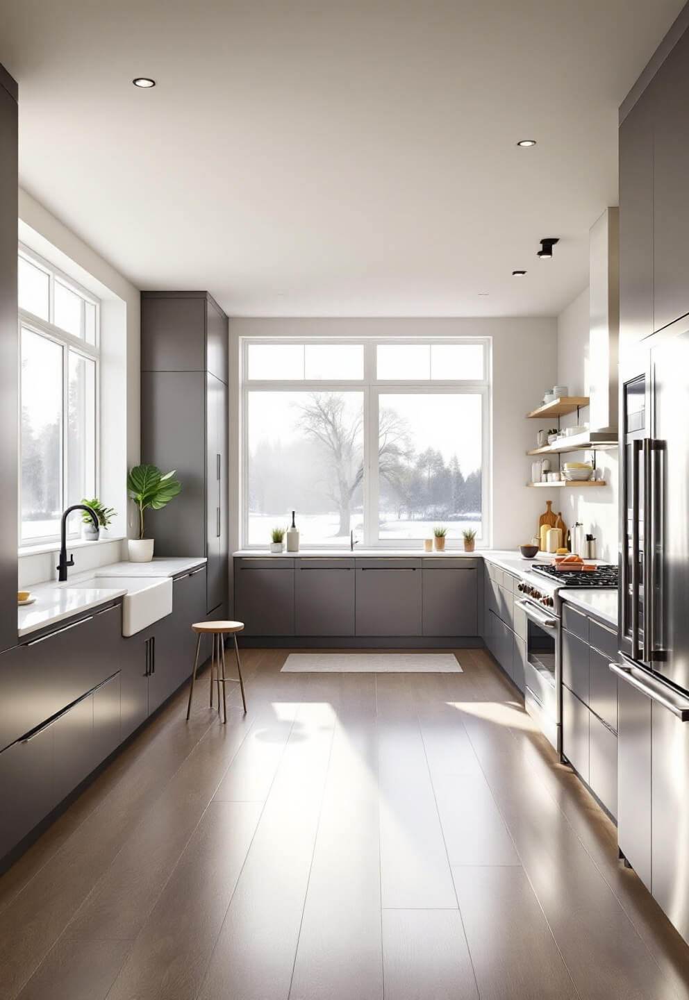 Minimalist kitchen with morning light through floor-to-ceiling windows, white quartz waterfall island, grey cabinets, stainless steel appliances, and a single fiddle leaf fig plant