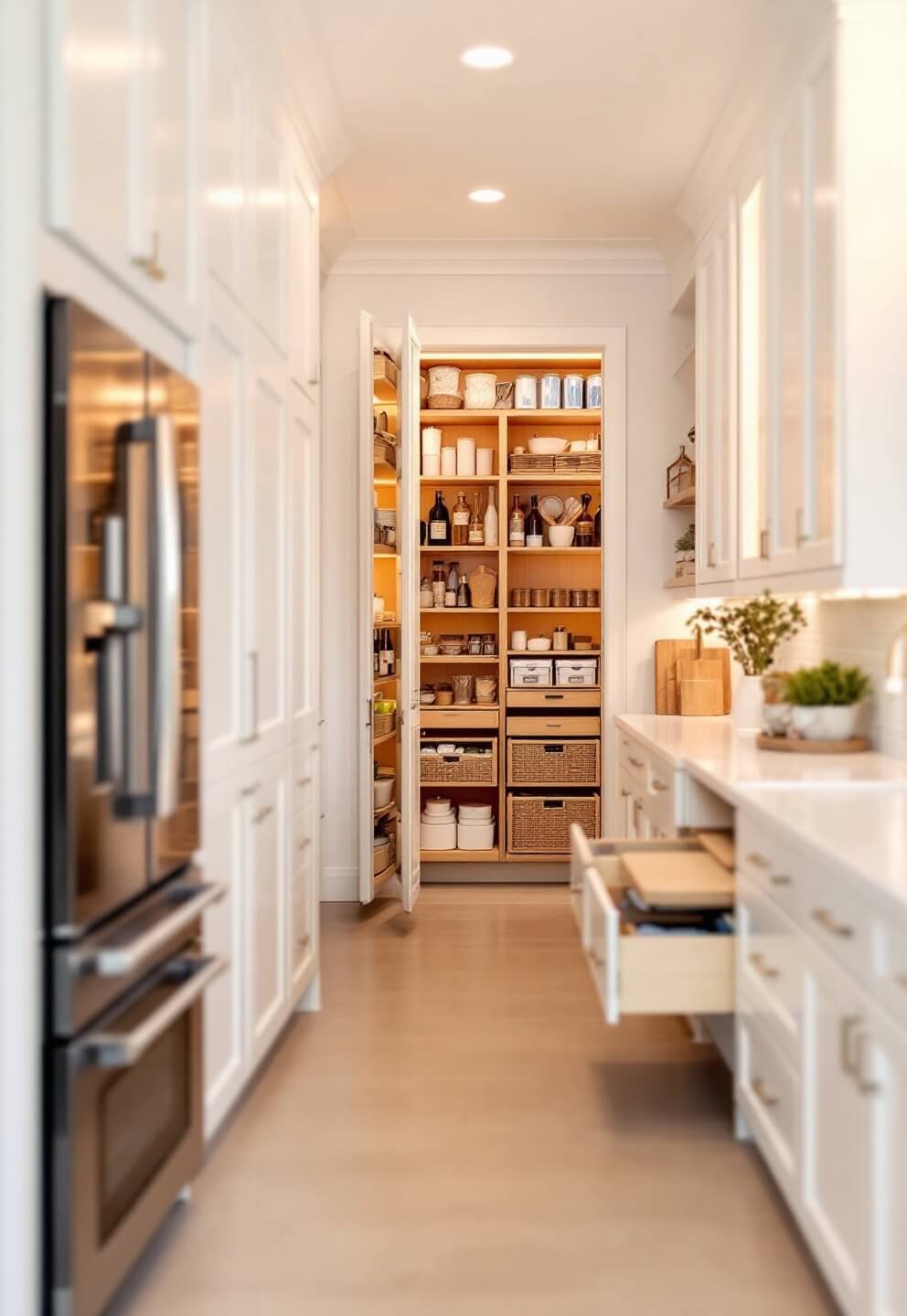 Modern white kitchen interior with beige floor tiles, pull-out pantry in glass cabinets, and bamboo organized drawers under golden hour lighting