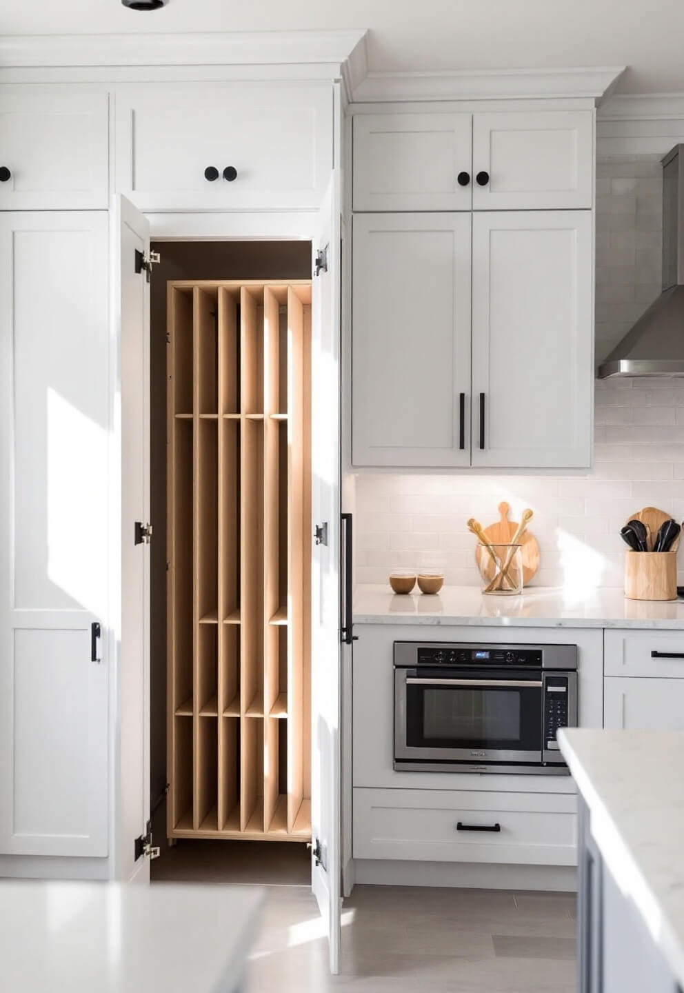 Elevated view of a sunlit 15x20ft open-concept kitchen with white shaker cabinets and black hardware, featuring hidden storage solutions and built-in appliance garage.