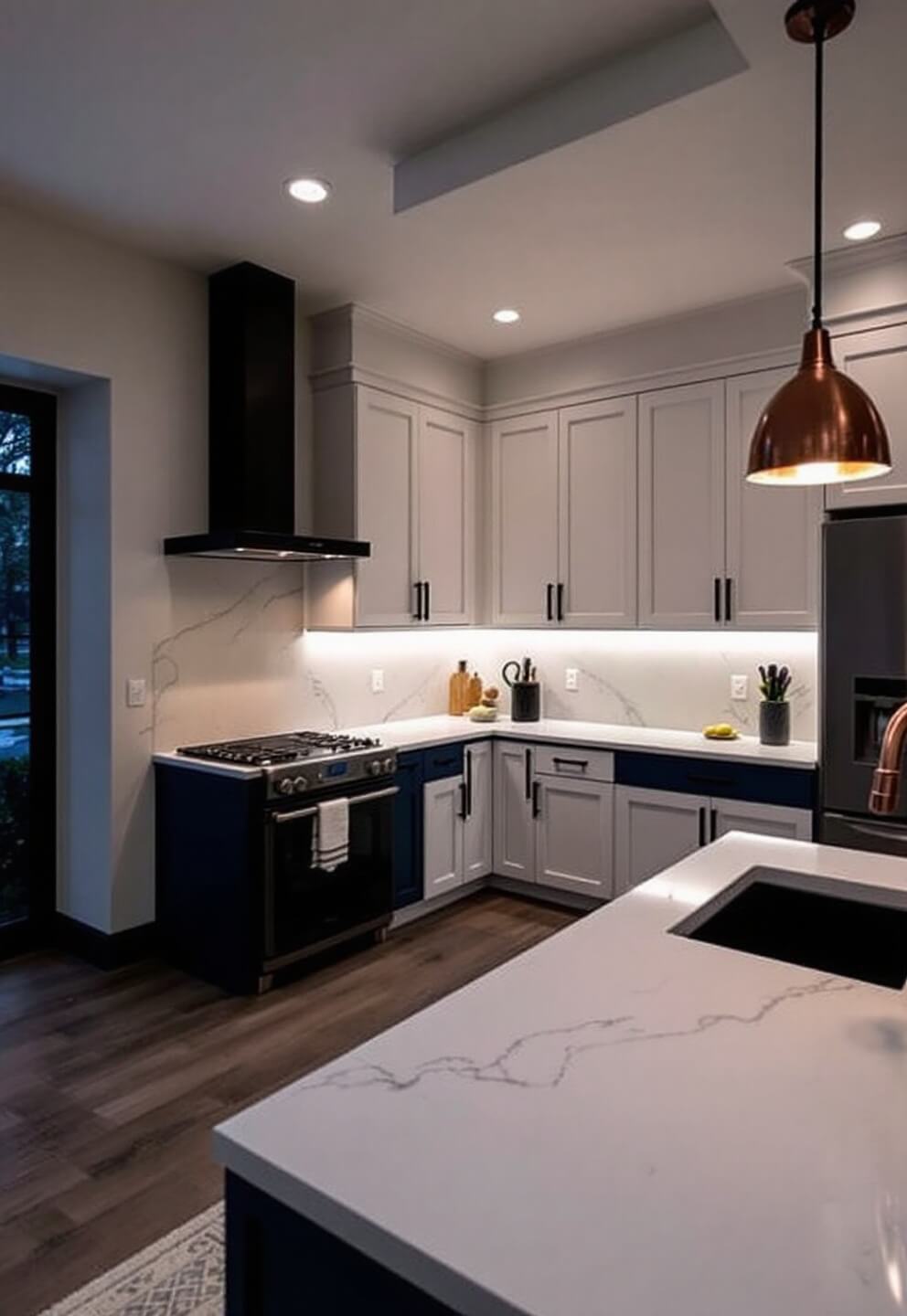 Minimalist L-shaped kitchen with quartz countertops and white upper cabinets, lit by under-cabinet LED strips and the last rays of sun at dusk