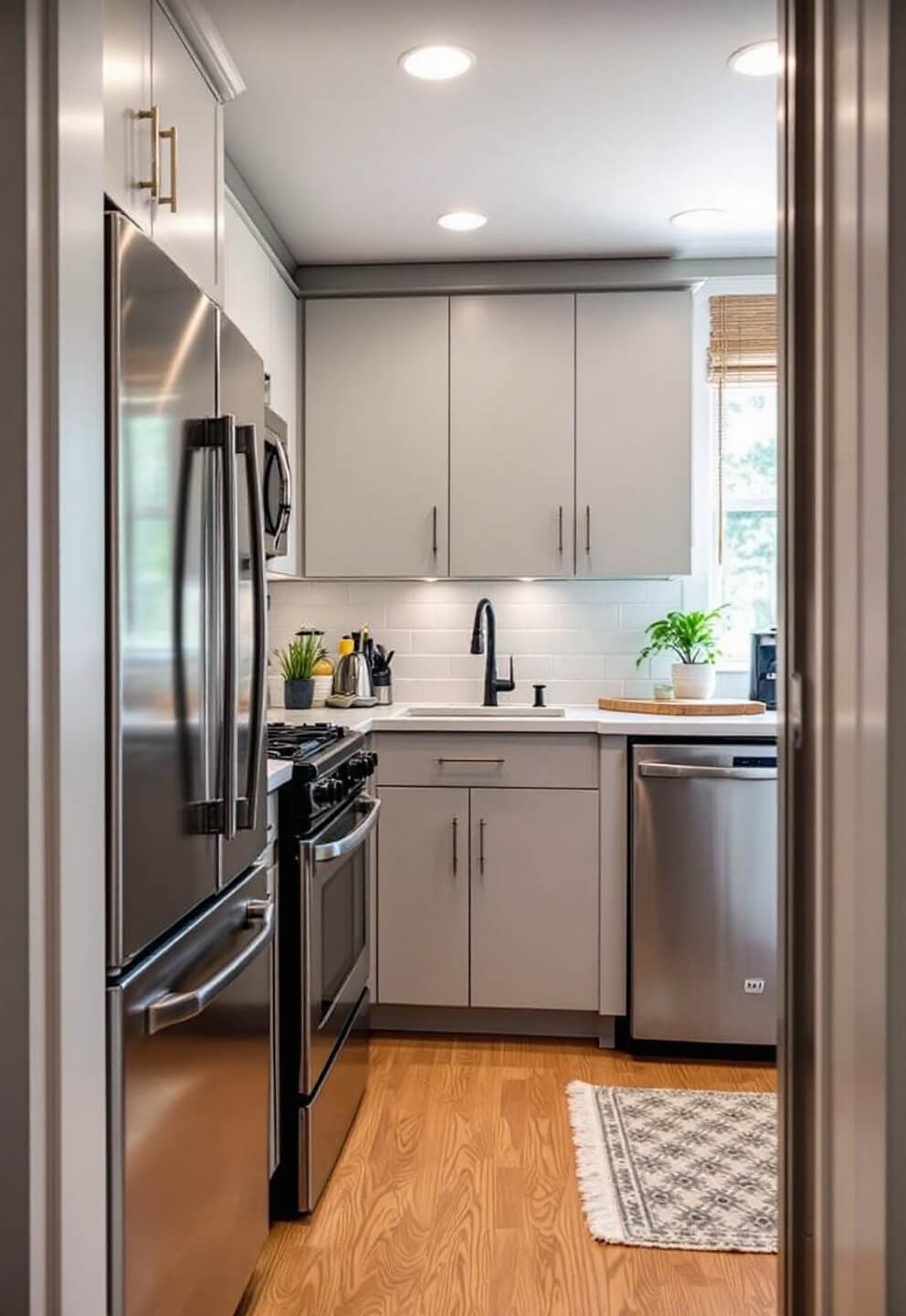 Compact kitchen with stainless steel appliances, floor-to-ceiling pantry, recessed lighting, and a single potted herb on the windowsill, viewed from the doorway through a wide-angle lens