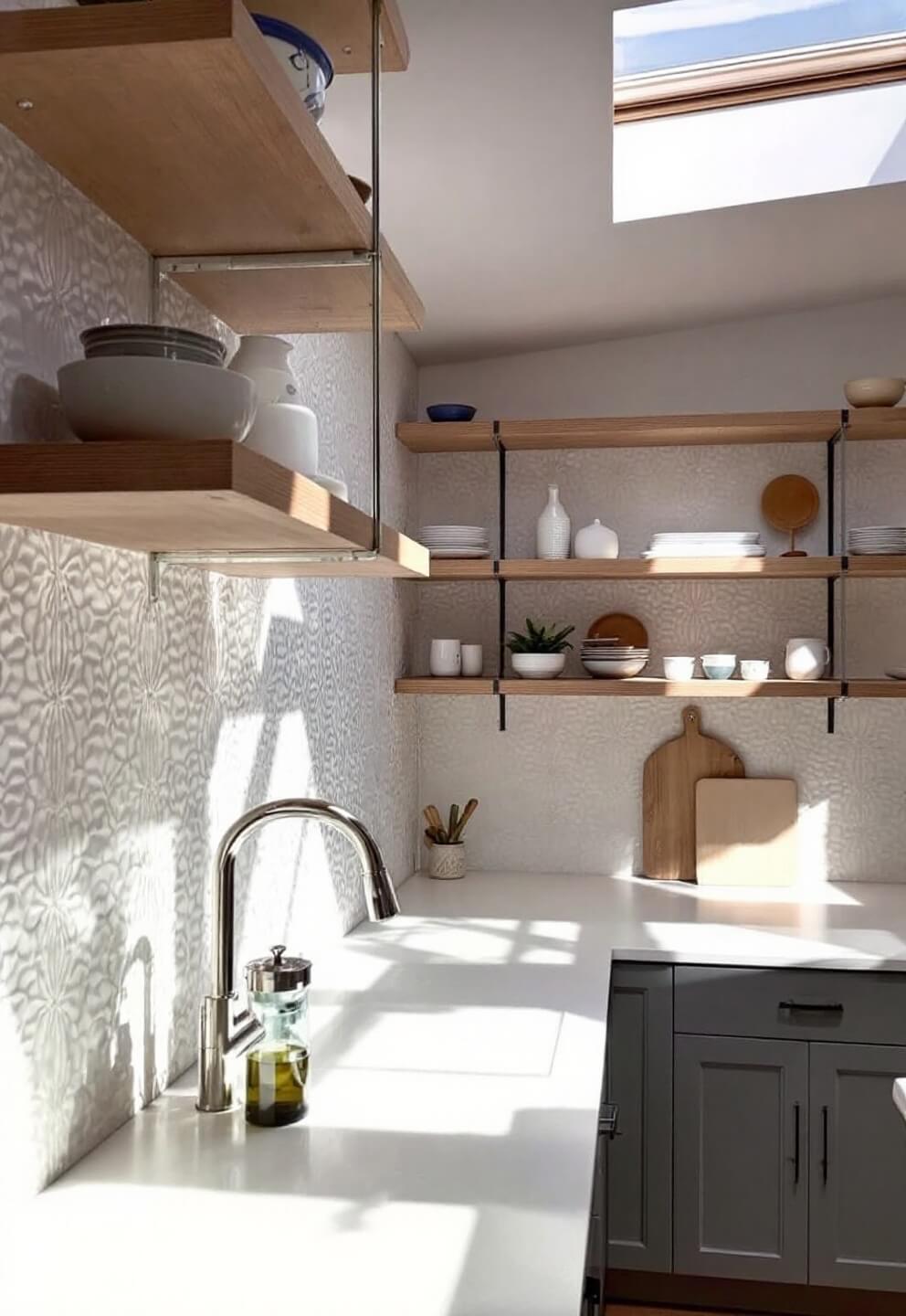 Minimalistic kitchen illuminated by morning light through a skylight, featuring a textured white backsplash, floating wooden shelves with ceramics, and clear counters with hidden storage.