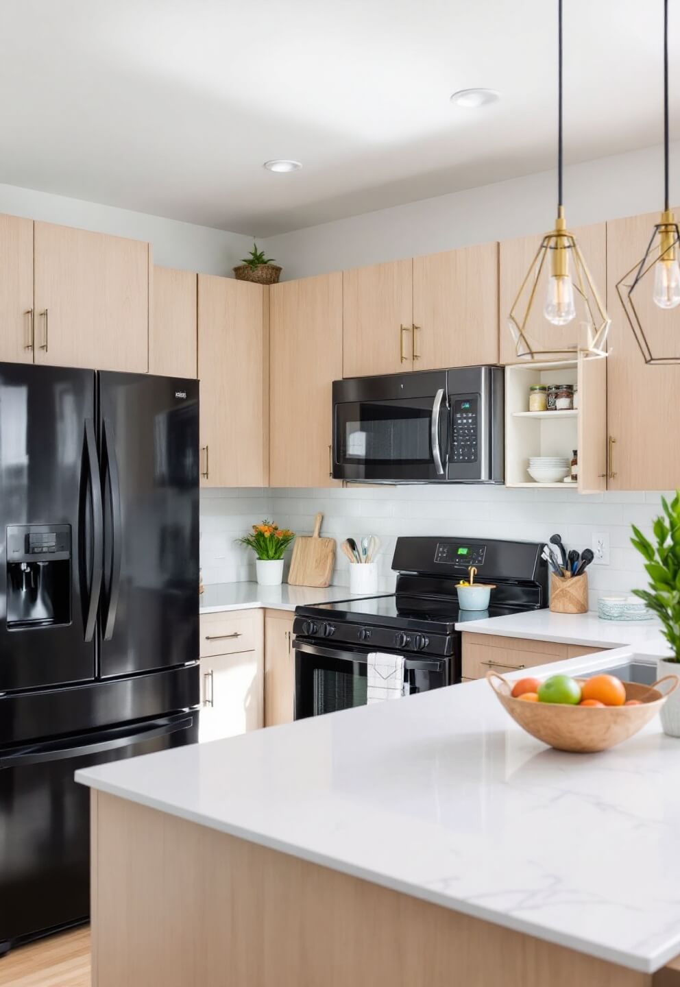 Modern 12x14ft kitchen with black appliances, light oak cabinets, pendant lights above island, open spice rack, shot from corner in midday lighting