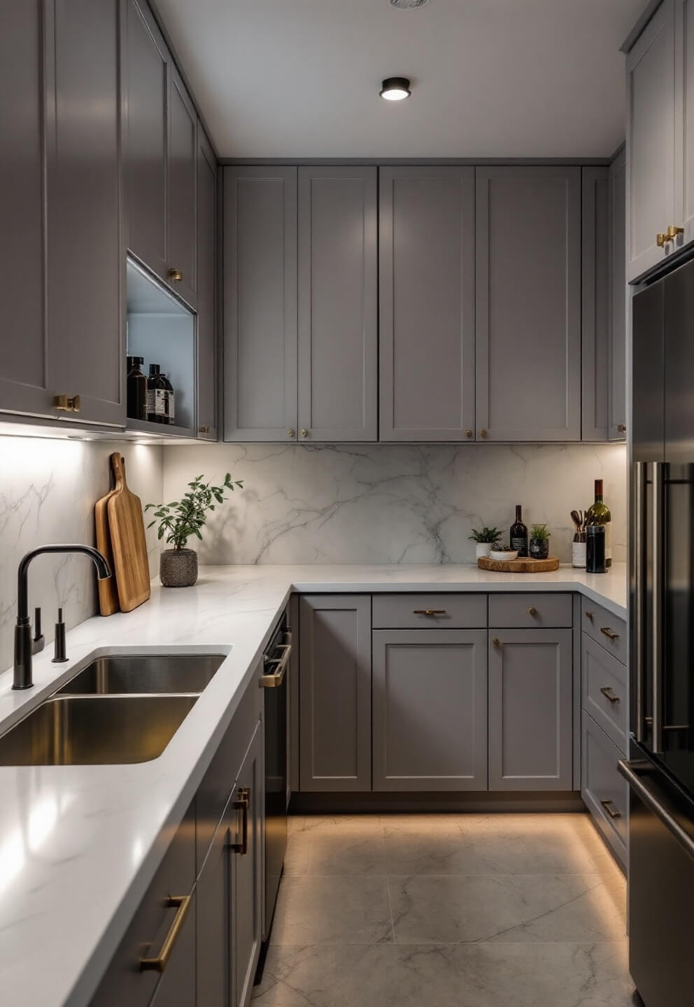 Twilight-lit minimalist kitchen with under-cabinet lighting, quartz countertops, greige cabinets, and an artistic cutting board, creating a sophisticated evening atmosphere.