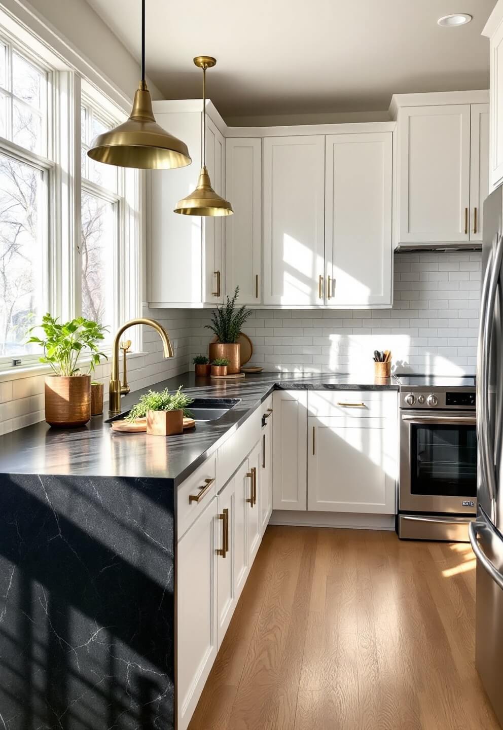 Modern kitchen with high ceilings, black granite countertops, white cabinets, floor-to-ceiling windows with morning light, and professional stainless appliances, shot from corner angle.