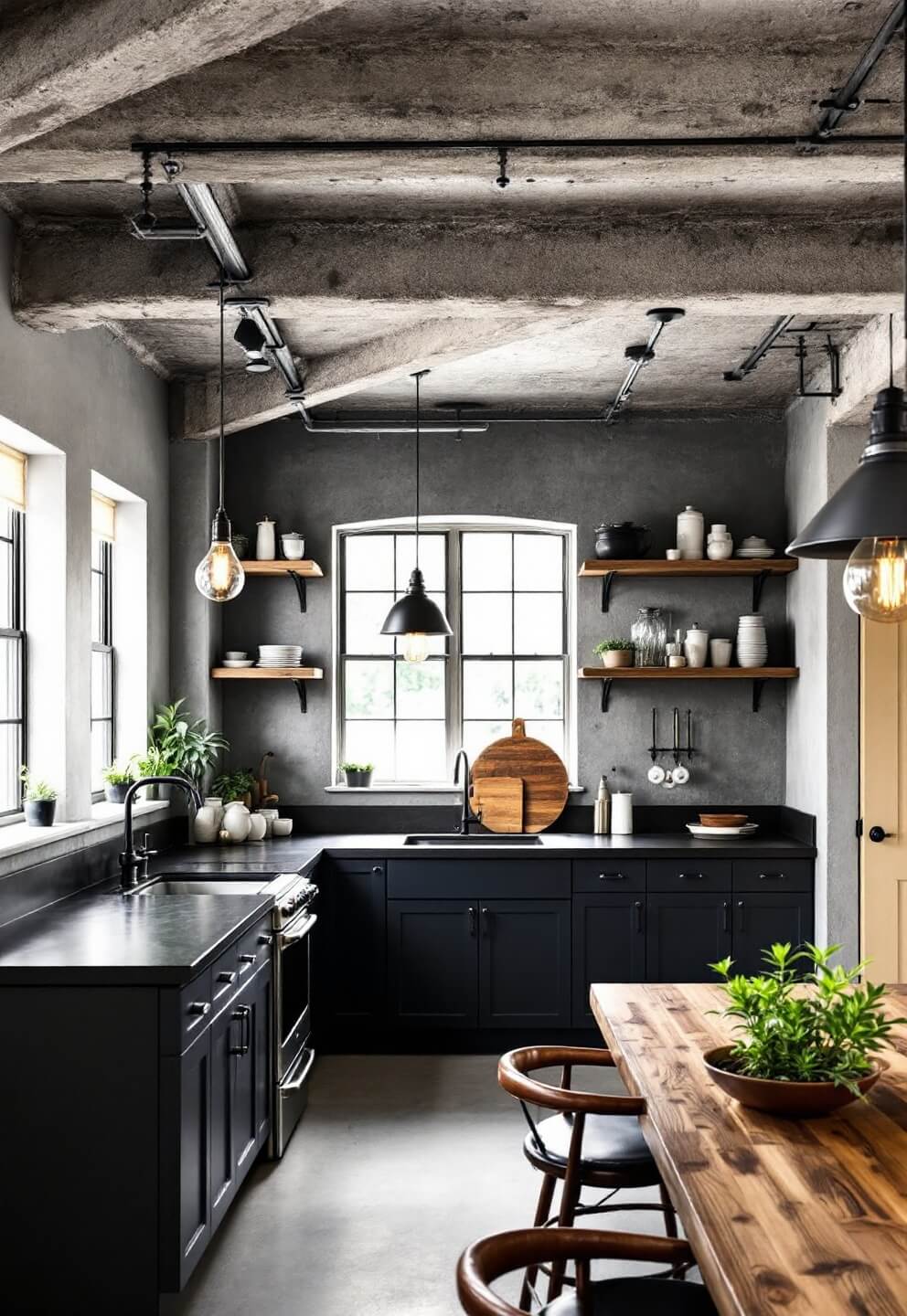 Industrial kitchen with exposed concrete ceiling, matte black countertops, dark navy cabinets, and raw steel open shelving with white ceramics. Afternoon light filters through factory windows, and a vintage Edison bulb chandelier provides warm light. Leather and metal barstools and small potted succulents complement the design.