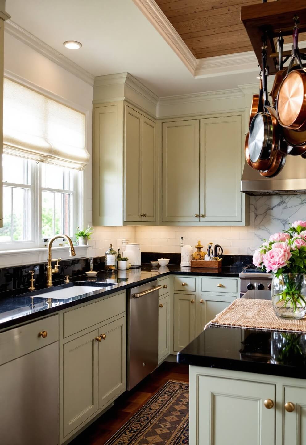 Spacious transitional kitchen with sage green cabinetry, black quartz countertops, white oak island, and antique brass fixtures under golden hour lighting with tray ceiling details visible.