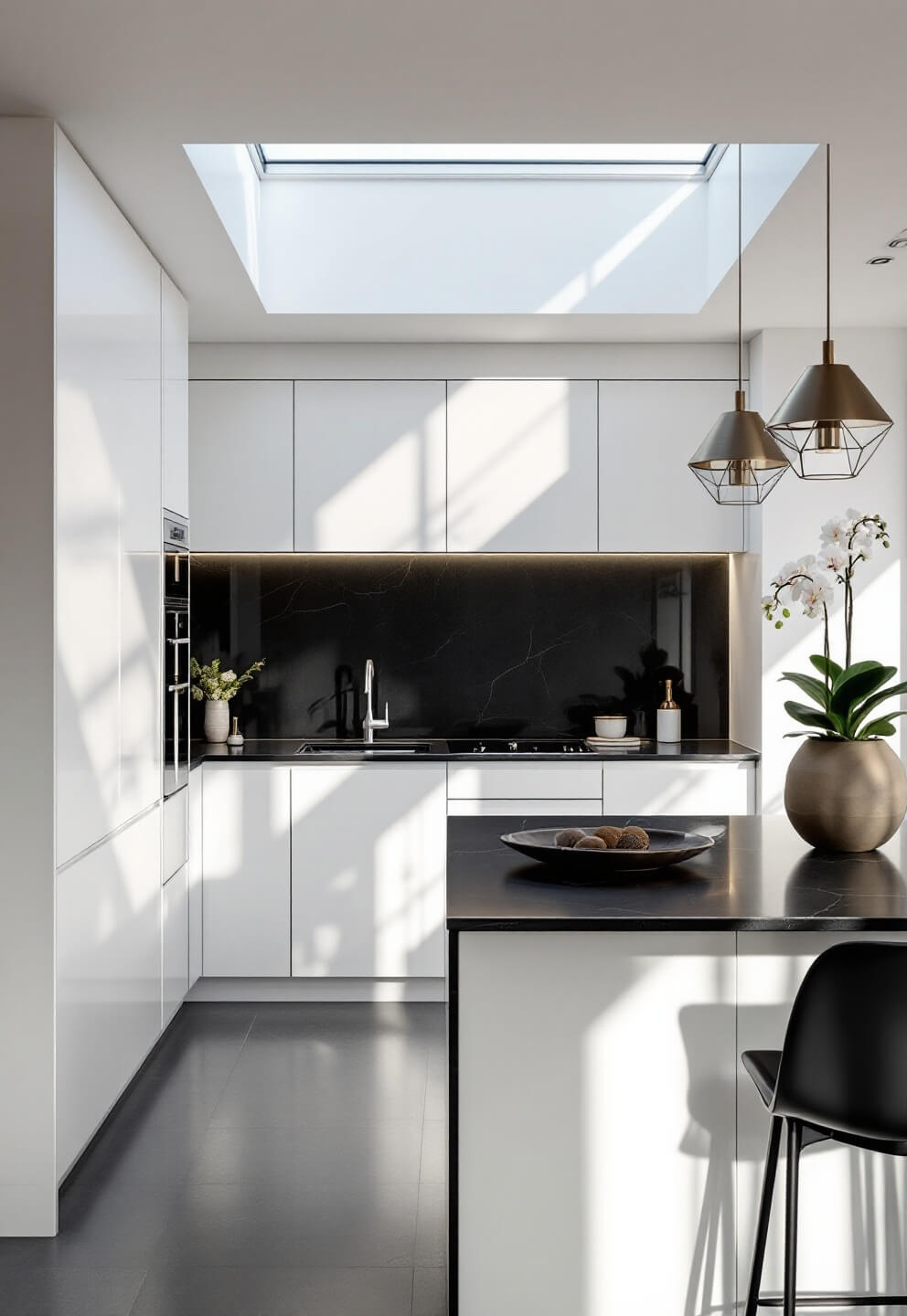 Spacious contemporary minimal kitchen with sleek black stone counters, white cabinets, chrome fixtures, glass backsplash, LED lighting, black bar stools, single orchid plant, and brushed nickel geometric pendant lights under a skylight in midday light.