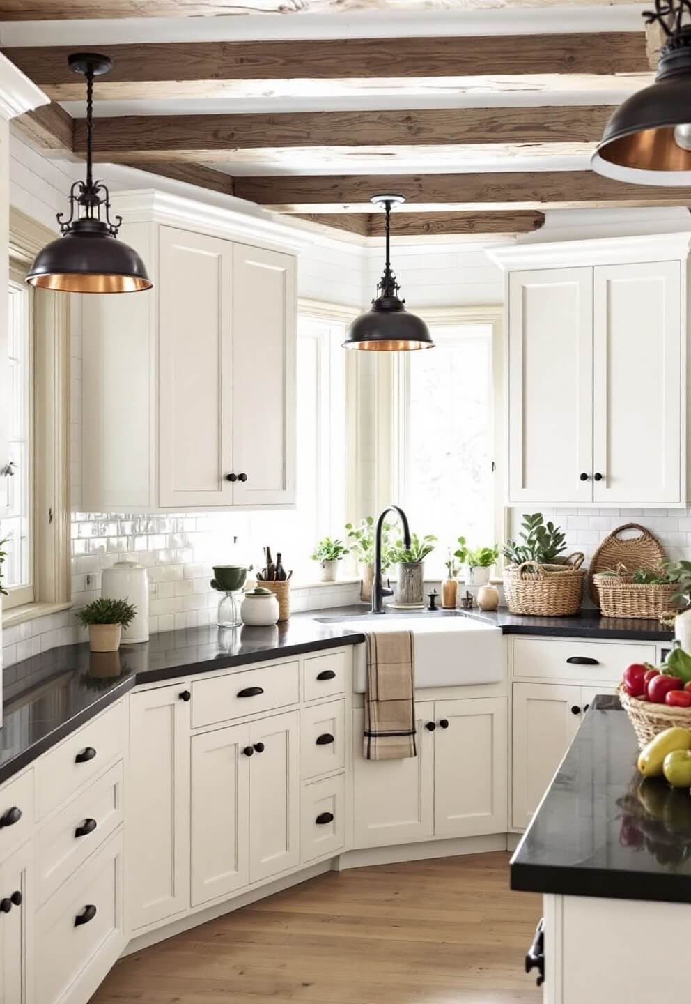 Farmhouse-modern kitchen with wooden beams, black soapstone counters, cream painted cabinets, a white apron sink, subway tile to ceiling, vintage pendant lights, woven baskets and mixed metal fixtures, bathed in soft morning light from cottage windows.