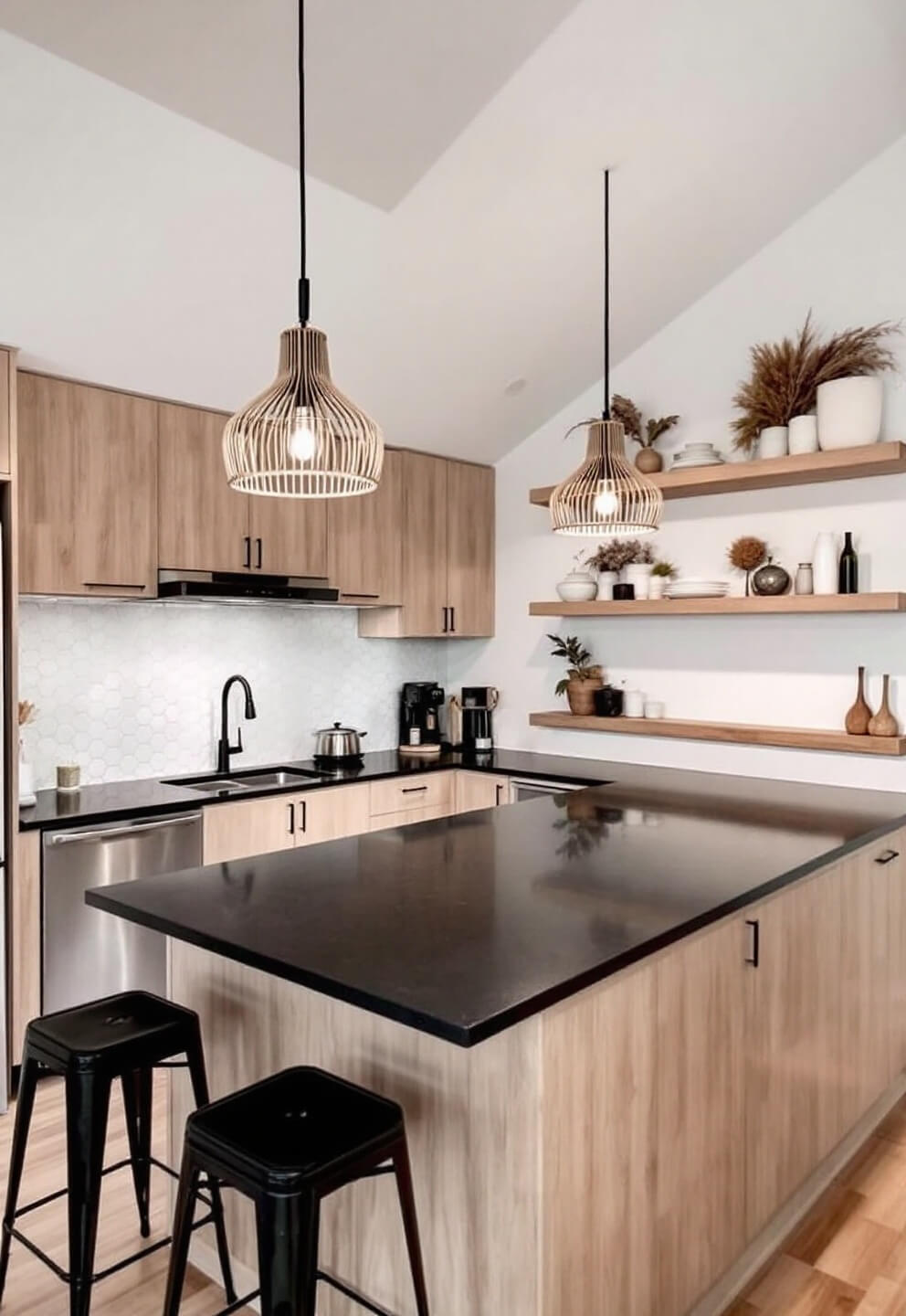 Scandinavian-inspired kitchen with vaulted ceiling, black granite counters, light birch cabinets, white hexagonal tile backsplash, natural fiber pendant lights, and black metal bar stools. Includes under-counter LED lighting, dried botanical arrangements, and pale wood floating shelves with ceramics, bathed in diffused northern light.