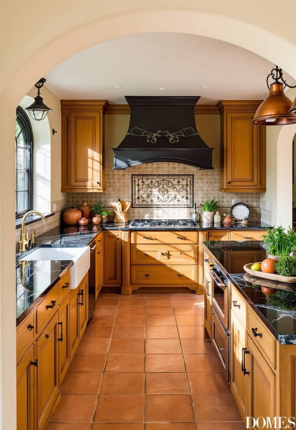 Mediterranean kitchen with arched doorways, black marble counters, terra cotta tile flooring, olive wood cabinets, vintage copper pendant lights, and tile backsplash, bathed in warm afternoon sunlight.