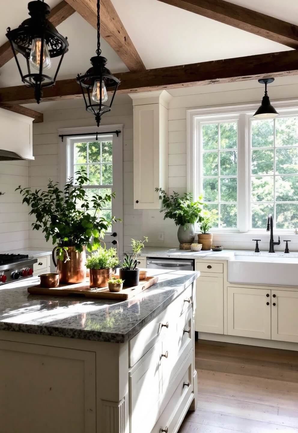 Sunlit farmhouse kitchen with oak-beamed ceilings, mullioned windows, weathered granite island with copper pots and herbs, cream cabinets, white fireclay sink, and iron chandelier against an ivory shiplap wall backdrop.