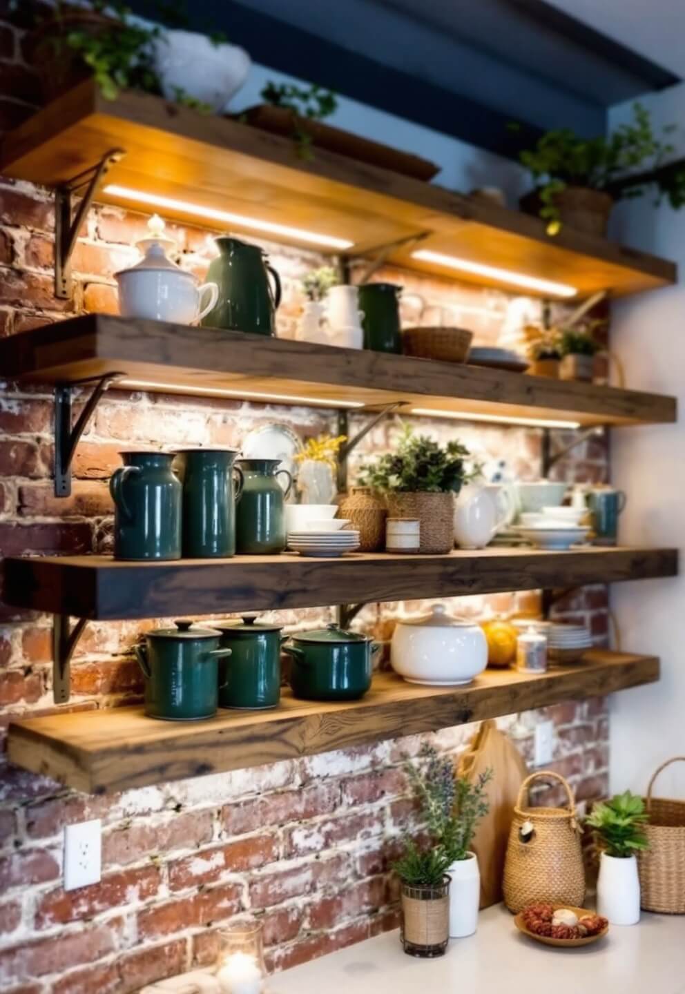 Rustic kitchen with reclaimed barn wood shelves, vintage enamelware, grandmother's china, woven baskets against exposed brick wall, lit by warm LED uplighting, in a cream, forest green and brick red color palette.