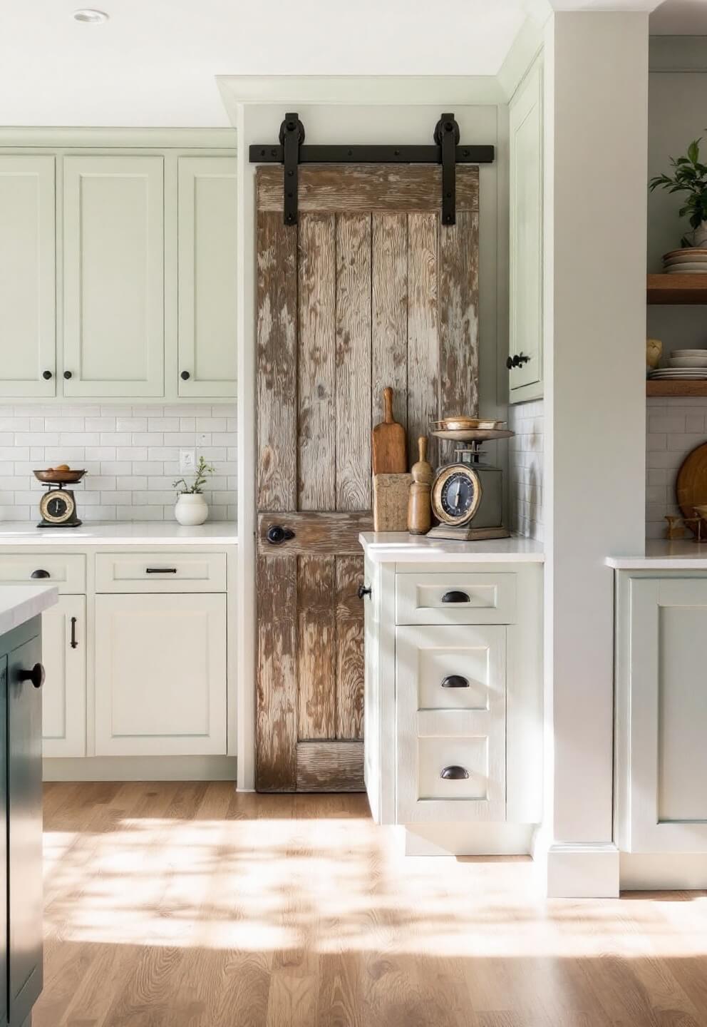 Corner view of a rustic 10x12' kitchen with hidden pantry door, sage green cabinetry, and vintage décor, under late afternoon sunlight.