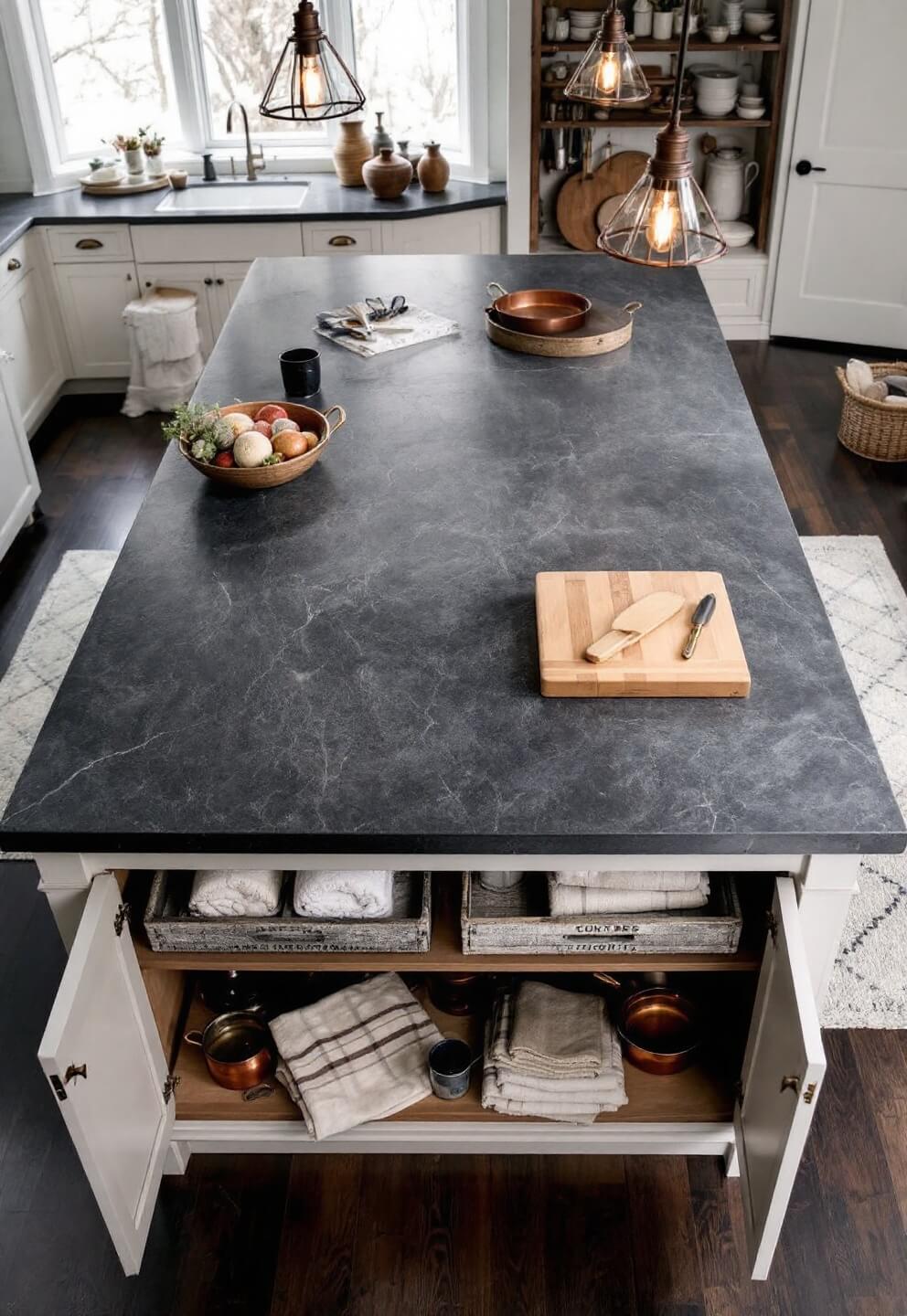 Aerial view of a large 6x8' kitchen island with soapstone top, vintage crates filled with linens and copper cookware in the open base storage, and pendant lights casting warm light, in a moody morning setting with rich browns and deep grays.