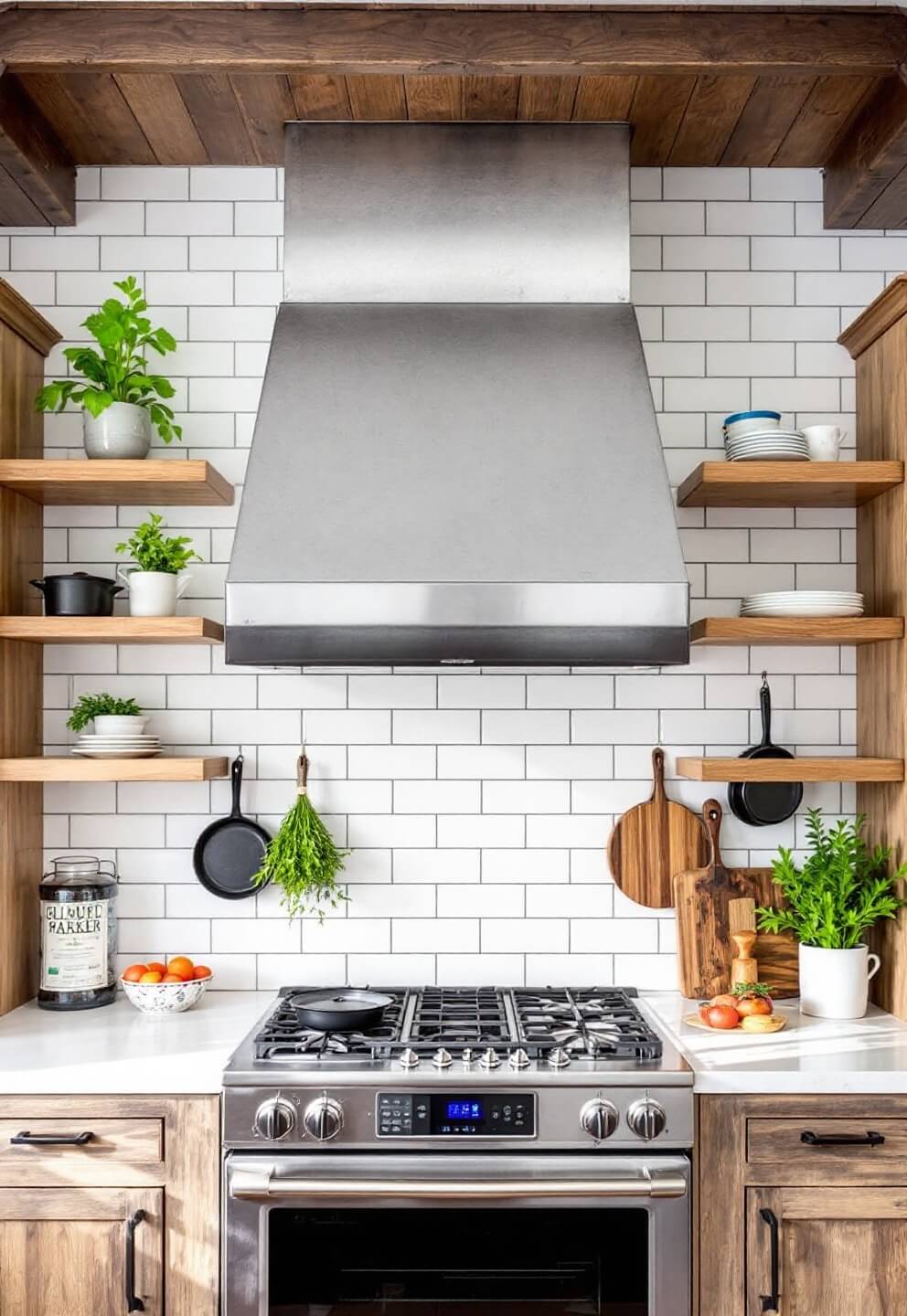 Midday view of a farmhouse kitchen with custom zinc hood, open shelving, white subway tiles, stainless appliances with reclaimed wood, hanging herbs, and cast iron cookware.