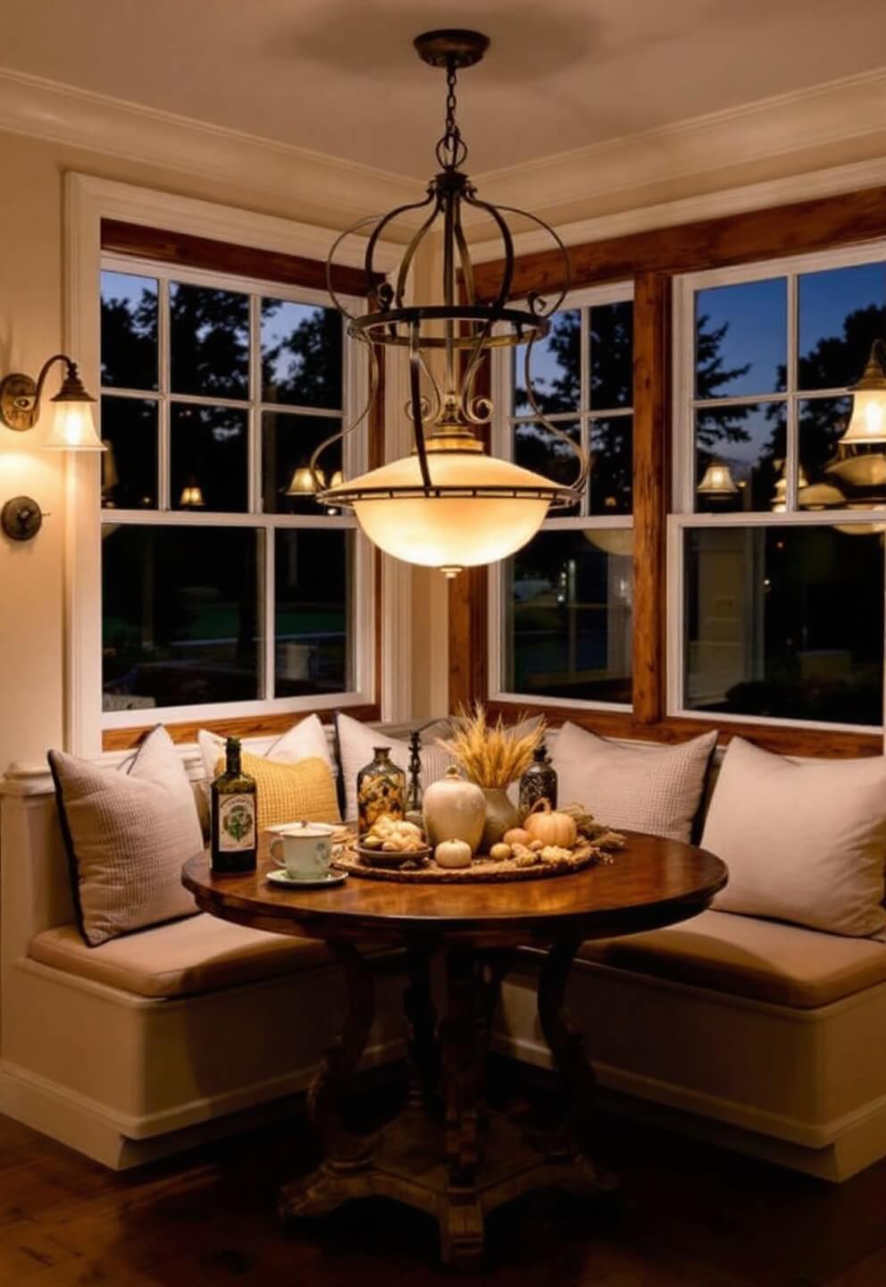 Rustic kitchen dining nook with salvaged wood table, linen cushioned window seats, vintage light fixtures, and fall-themed centerpiece captured from a corner angle in warm cream, brown, and harvest gold tones.