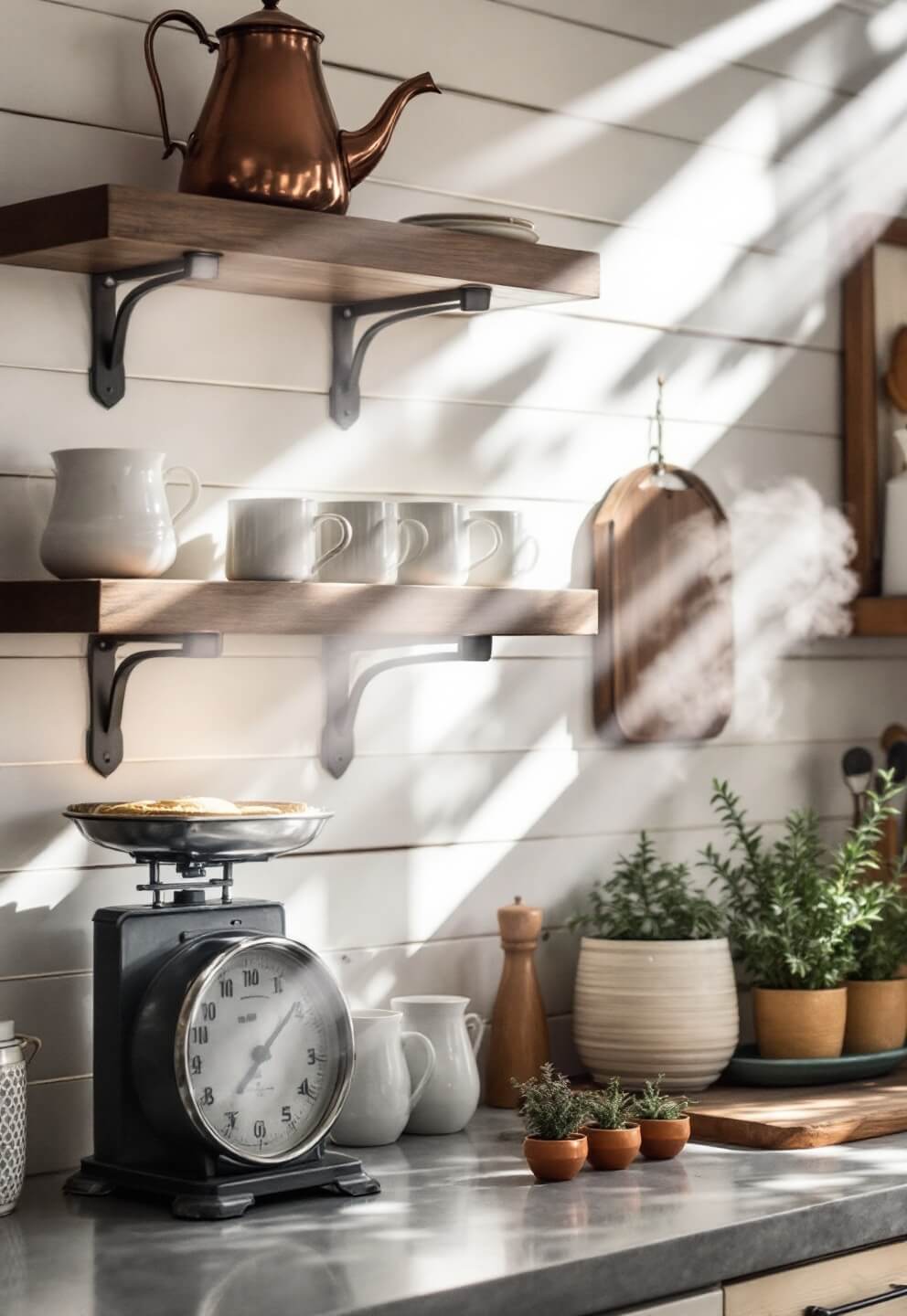 Early morning light illuminating a rustic kitchen coffee station with ironstone mugs on floating shelves, copper kettles, potted herbs, and a vintage scale with coffee accessories, against ship-lapped walls, shot from a side angle capturing steam and light rays.