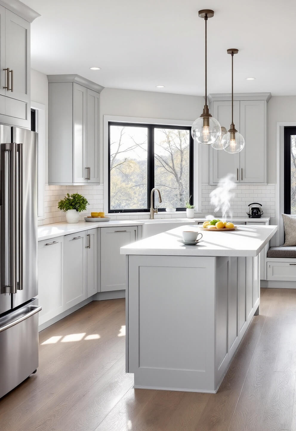 Modern kitchen with light gray shaker cabinets, white quartz waterfall island, brushed nickel hardware, and white oak flooring; early morning sunlight streaming through large windows; details include steam rising from coffee mug and fresh herbs in window.