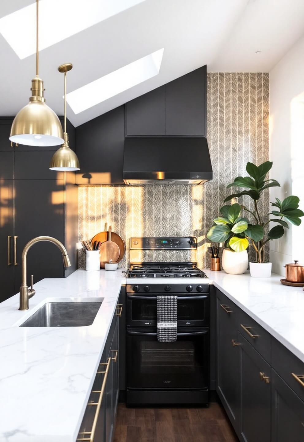 Elevated view of a dramatic L-shaped kitchen with charcoal gray cabinets, white marble-like quartz countertops, geometric gray backsplash, brass fixtures, and black matte appliances, bathed in golden hour light from skylights, featuring a copper cookware display and a potted fiddle leaf fig in the corner.