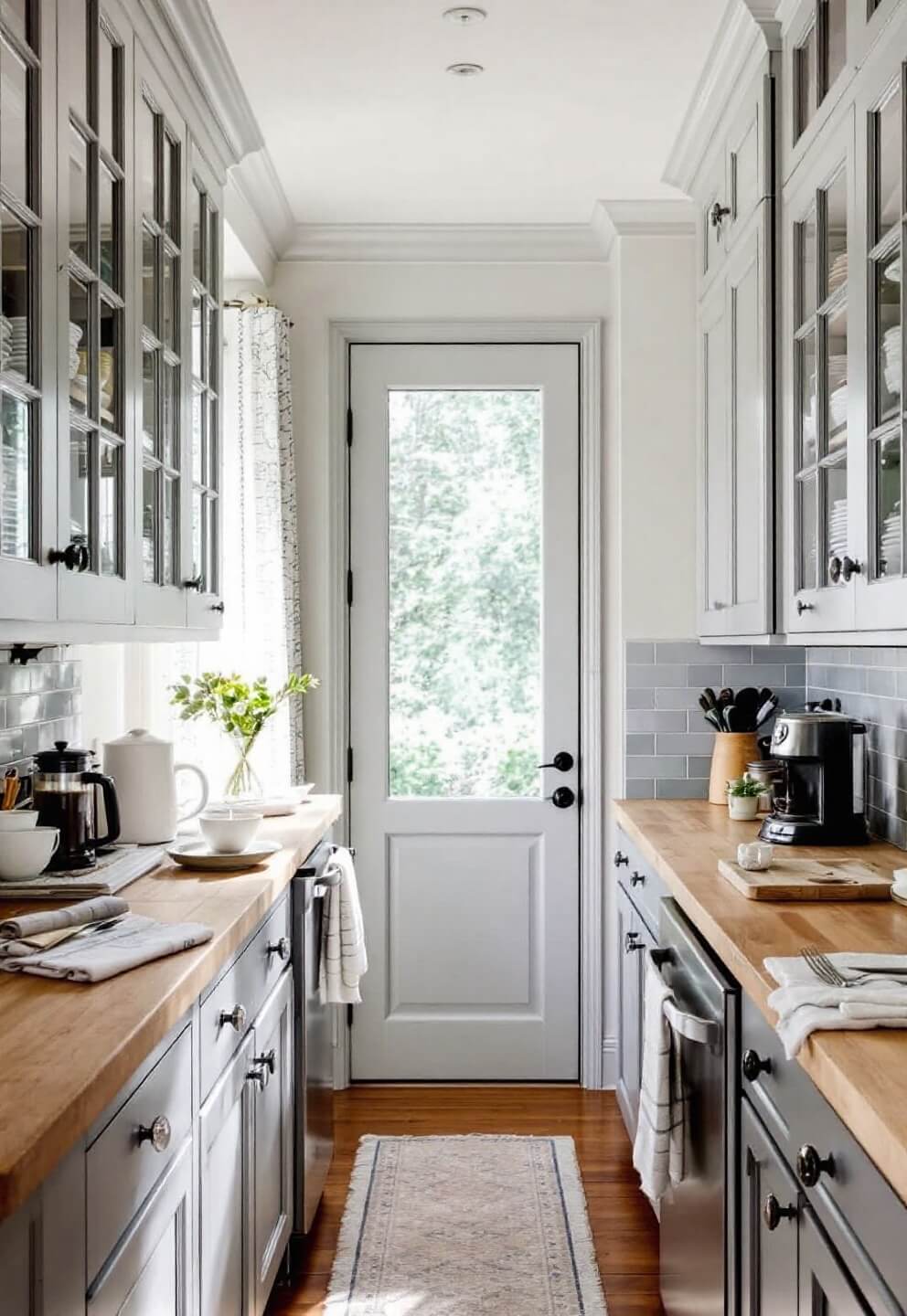 Light filled galley kitchen with light gray cabinets, butcher block countertops, pale blue subway tile backsplash, and vintage crystal knobs; open shelving with white ceramics and a French press coffee setup.