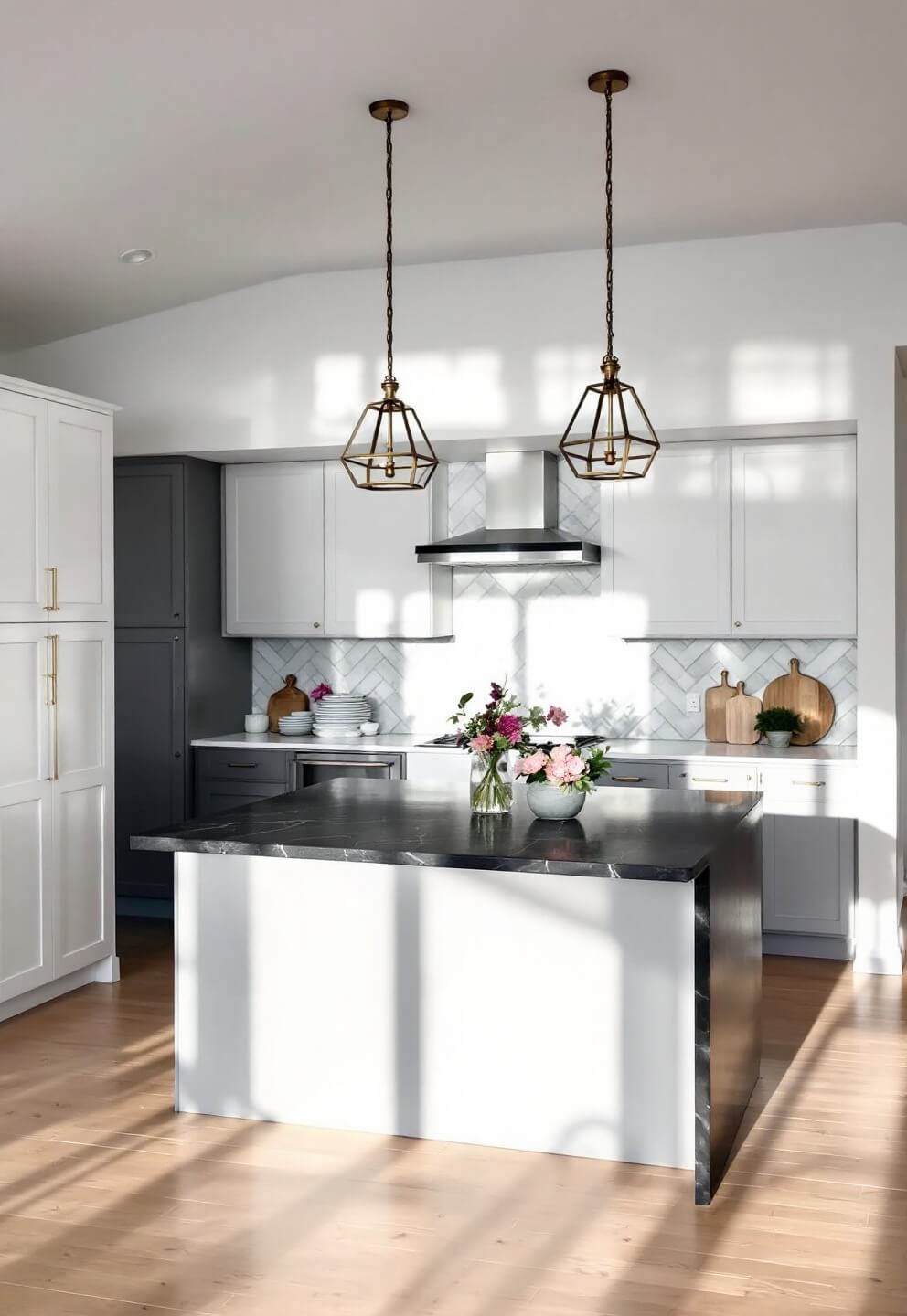 Spacious, open-concept kitchen with vaulted ceiling, two-tone gray cabinets, black granite waterfall island, aged brass pendant lights and herringbone marble backsplash, adorned with fresh flowers and cookbook display, highlighted by afternoon shadows.