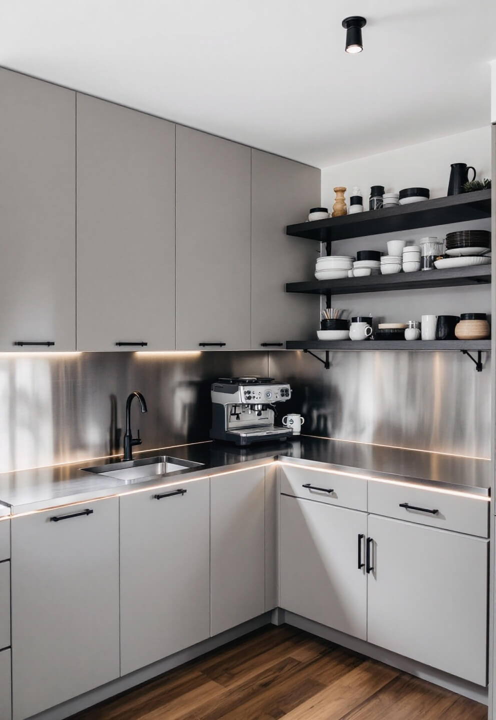 Contemporary 16x14ft kitchen with medium gray cabinets, stainless steel countertops, minimalist black hardware, industrial windows and espresso machine setup, bathed in soft overcast natural light from the corner view.