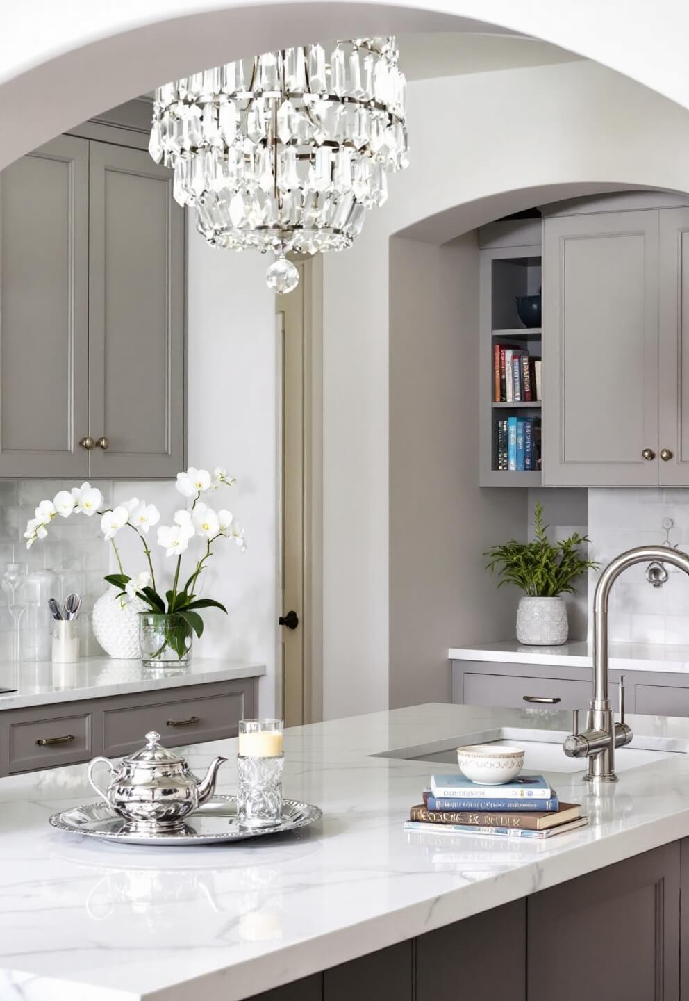 Transitional kitchen with warm gray cabinets, Calacatta marble counters, polished nickel hardware, and a crystal chandelier over the island. Viewed through an archway entrance with silver tea service and an orchid arrangement on display, all under dusk lighting.