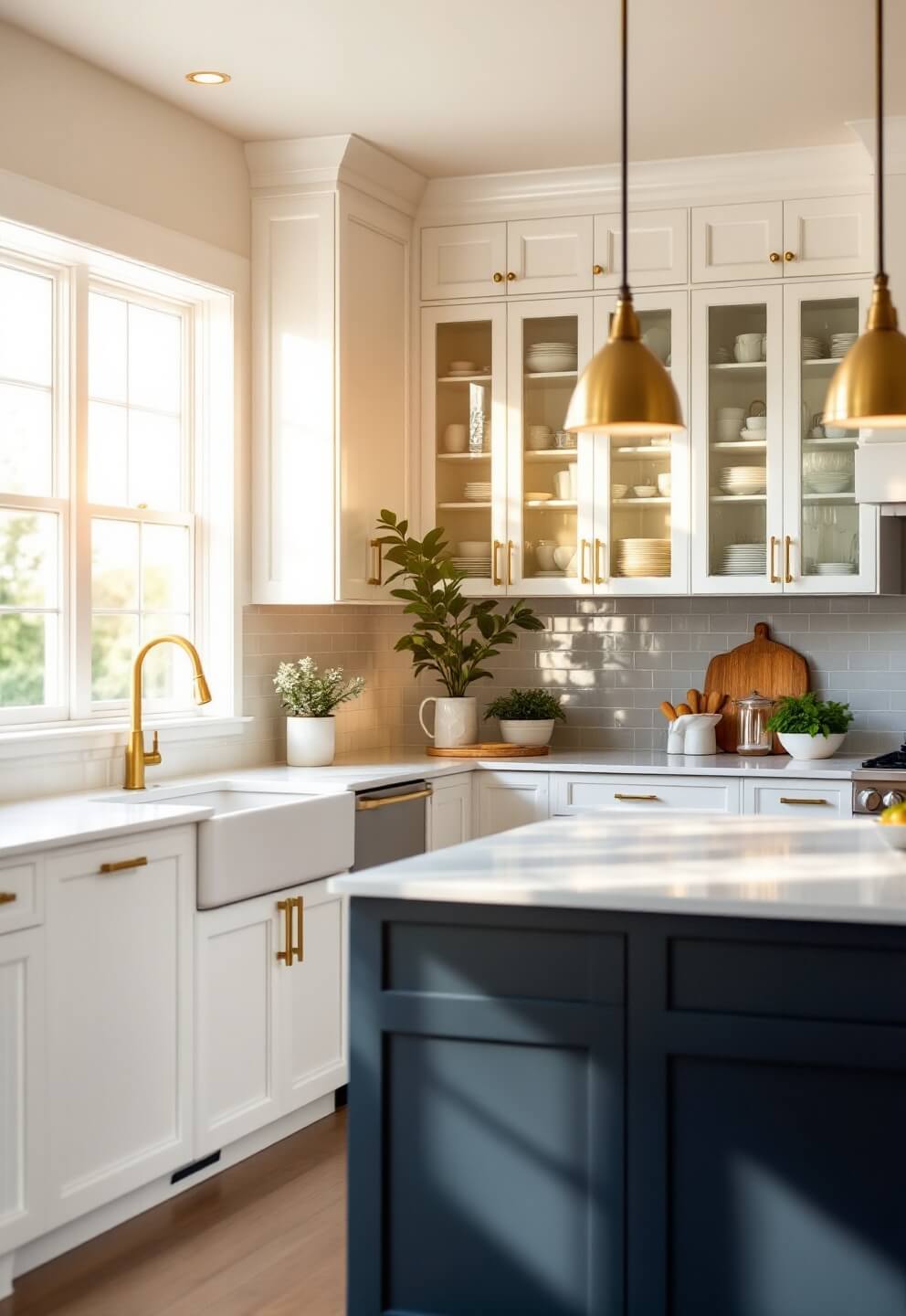 Bright modern kitchen with floor-to-ceiling white shaker cabinets and navy blue island bathed in golden sunlight during golden hour