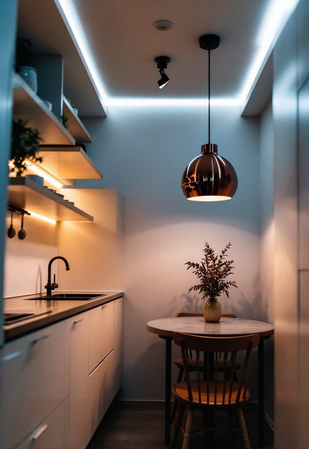 Compact kitchen interior at dusk with layered lighting, glossy cream cabinets and copper pendant over dining nook