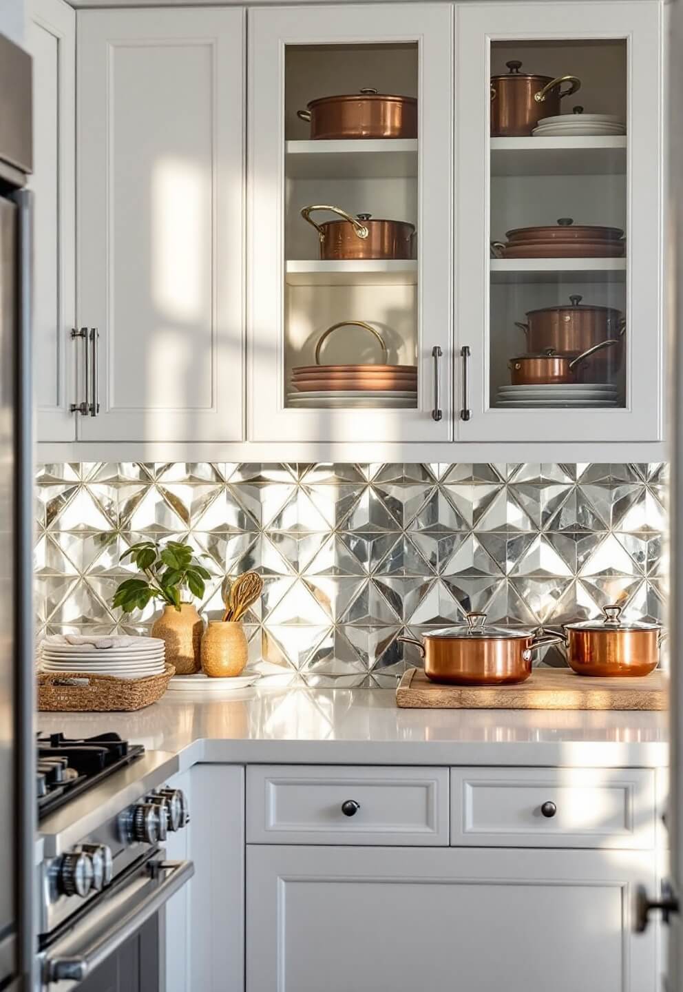 Morning light reflecting off mirrored geometric backsplash in a luxe small kitchen, highlighting high-gloss white cabinets, chrome hardware, stainless appliances, and organized copper cookware behind glass cabinet doors