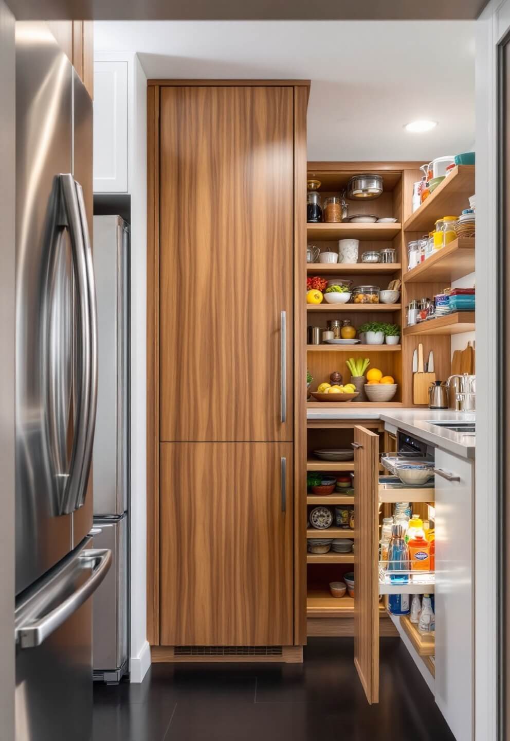 Wide-angle view of organized galley kitchen featuring pull-out walnut pantries, stainless steel refrigerator, magnetic knife strip, floating shelves and carousel unit.