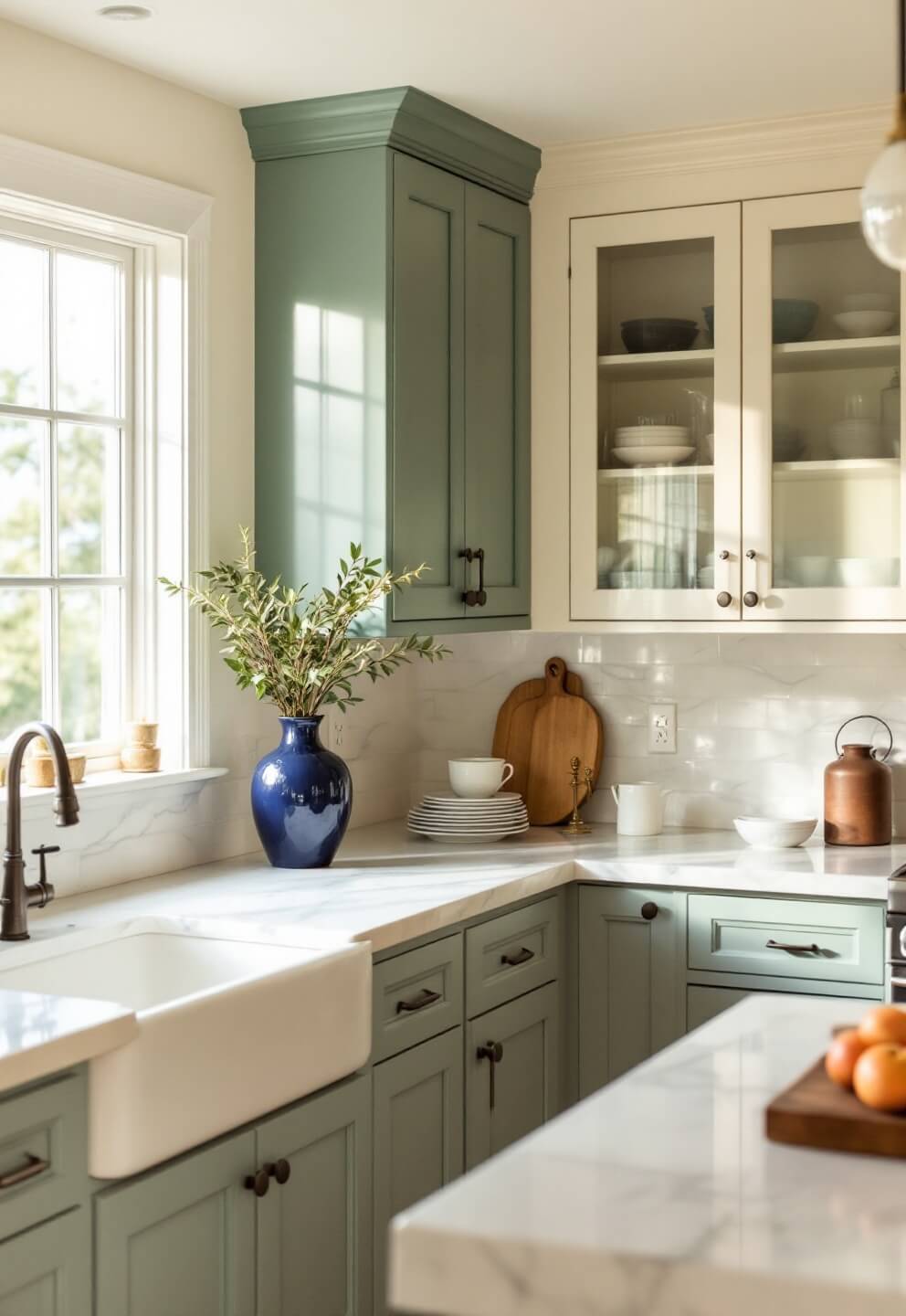 Soft cream kitchen cabinets meeting sage green upper units, white marble counters reflecting window natural light and a navy blue ceramic vase as a bold accent, captured during the golden hour with diffused window light.